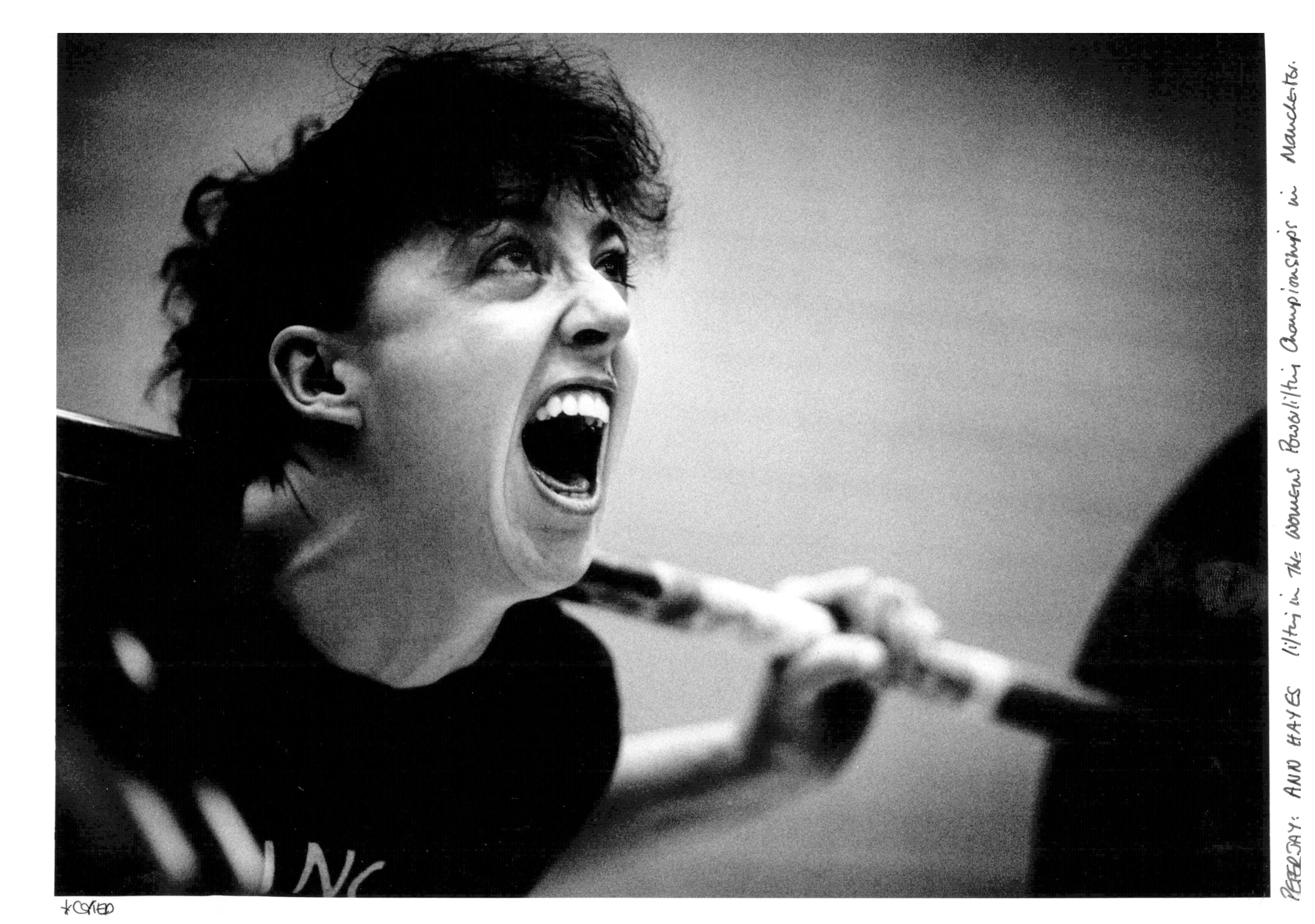 Ann Hayes lifting in the Women’s Powerlifting Championships in Manchester, UK, 1992