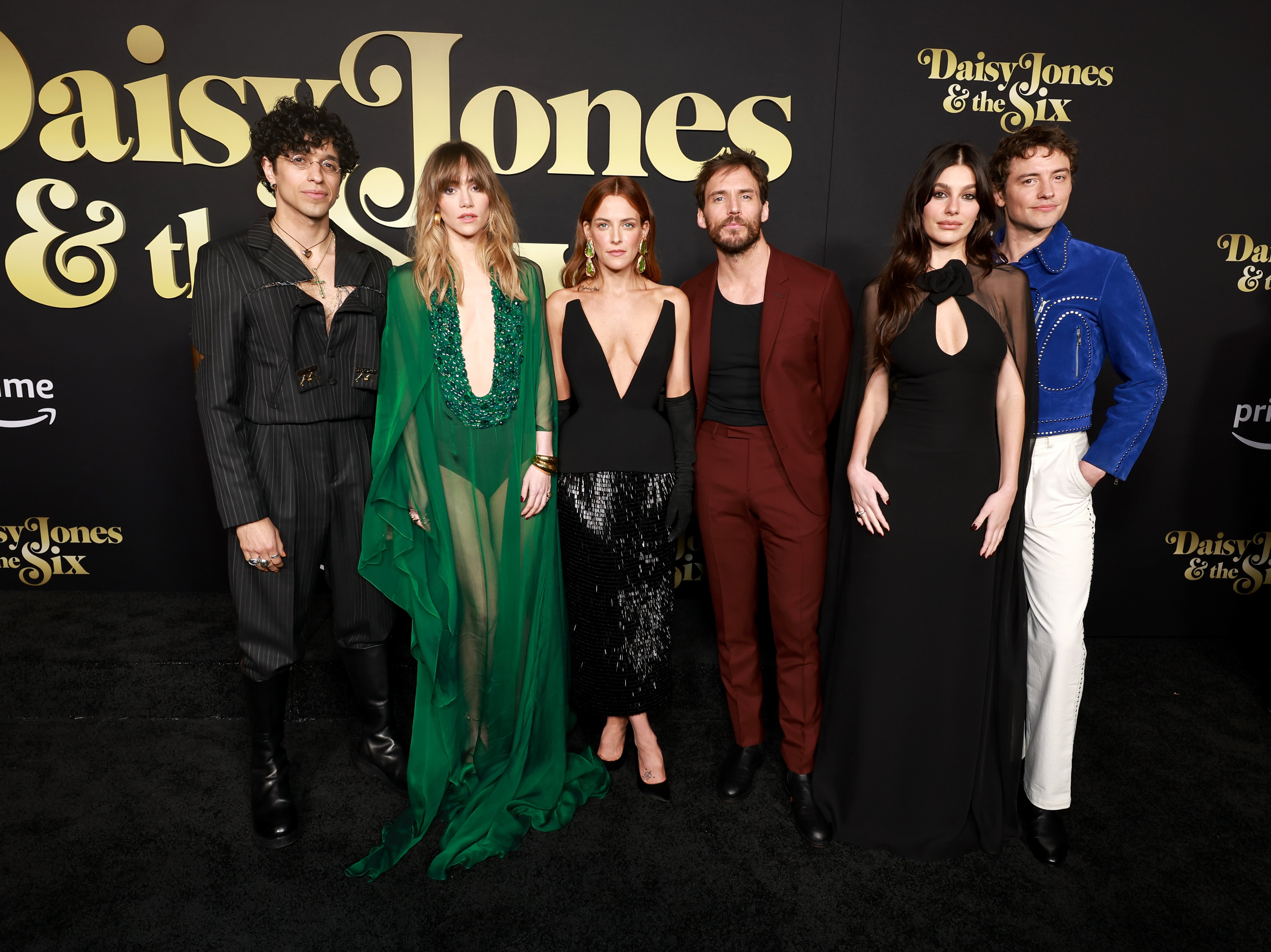 L-R) Sebastian Chacon, Suki Waterhouse, Riley Keough, Sam Claflin, Camila Morrone, and Josh Whitehouse of Daisy Jones & The Six