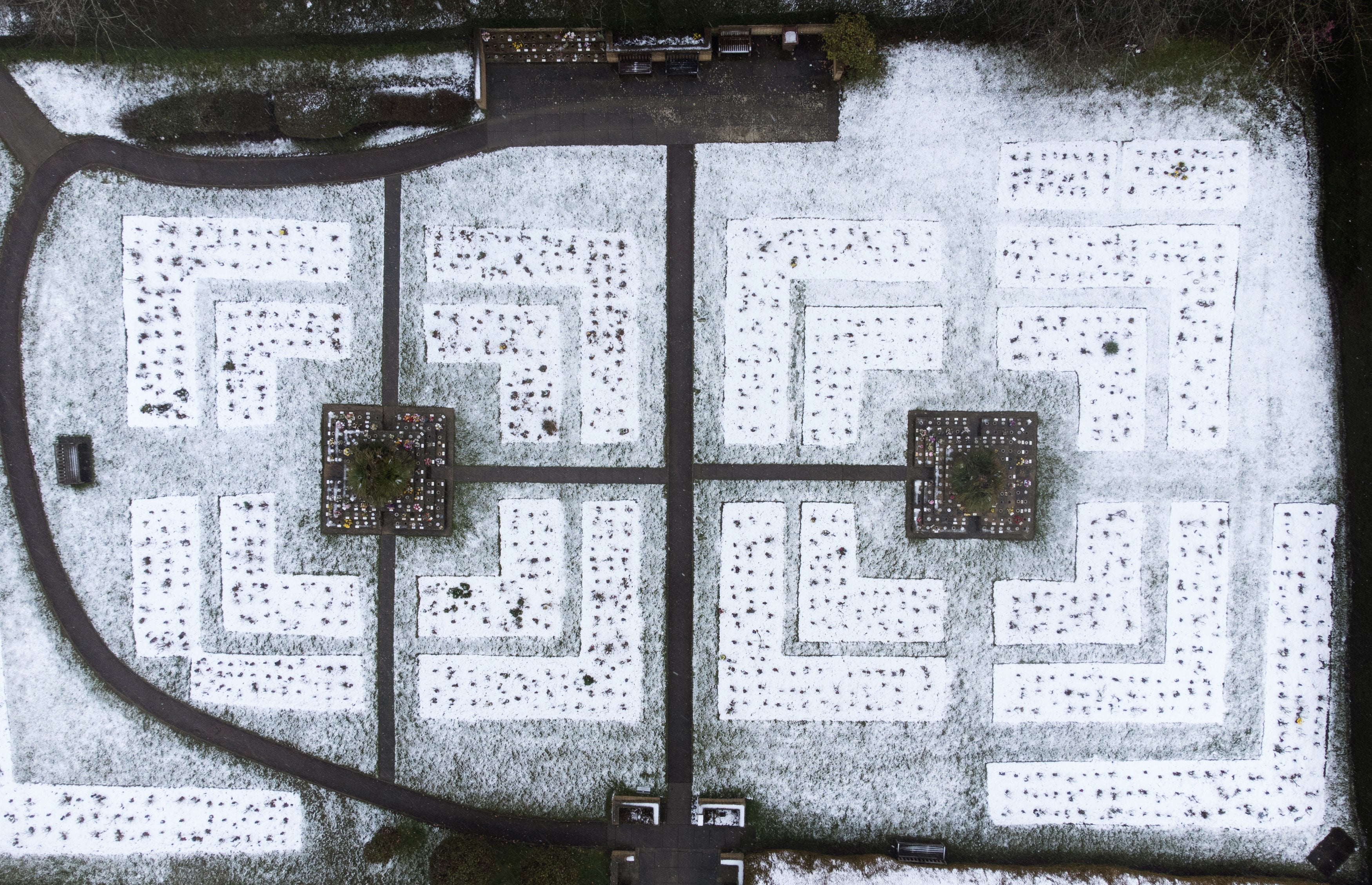 Snow covers the Almond Lane Cemetery in Stevenage, Hertfordshire