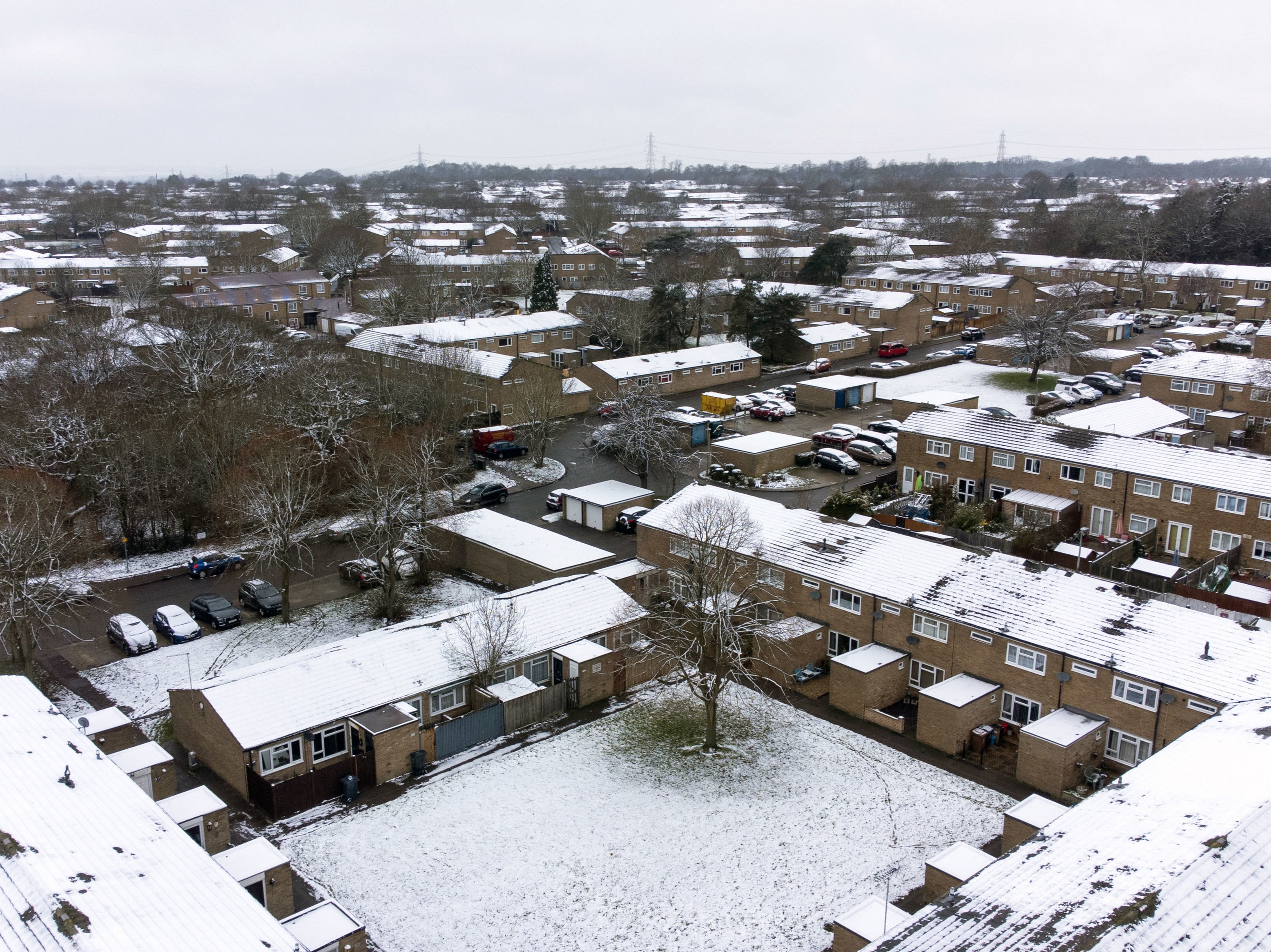 Snow covering rooftops in Stevenage, Hertfordshire.