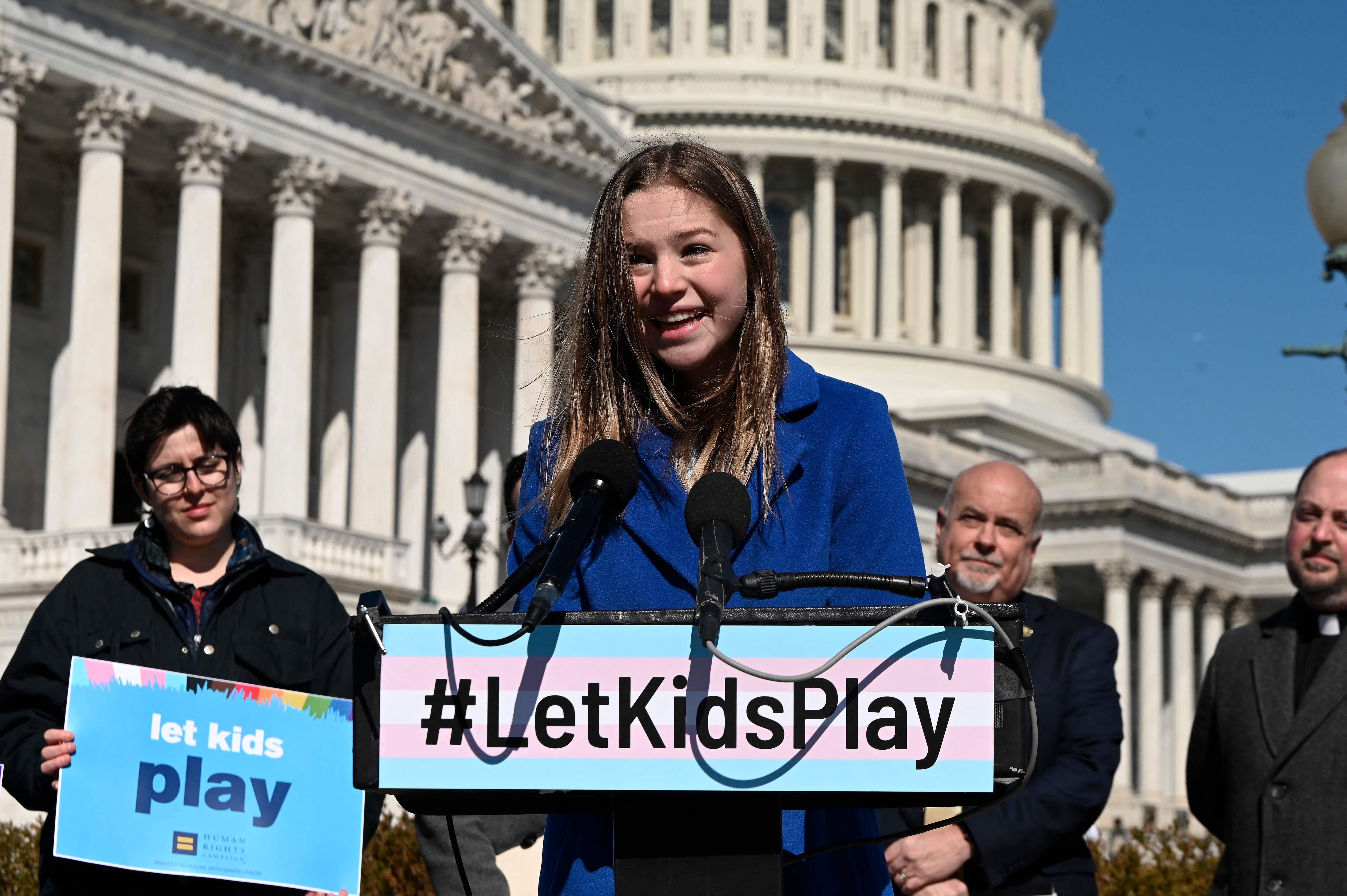 Rebekah Bruesehoff, a transgender student athlete, speaks out against proposed federal legislation to prohibit trans women and girls from participating in school sports that align with their gender on 8 March