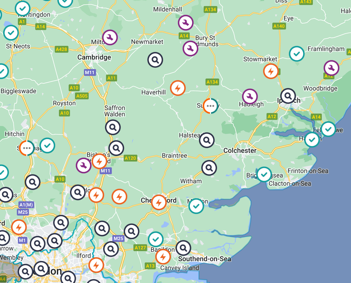 Power outages across the southeast and east of England, as demonstrated by UK Power Networks data