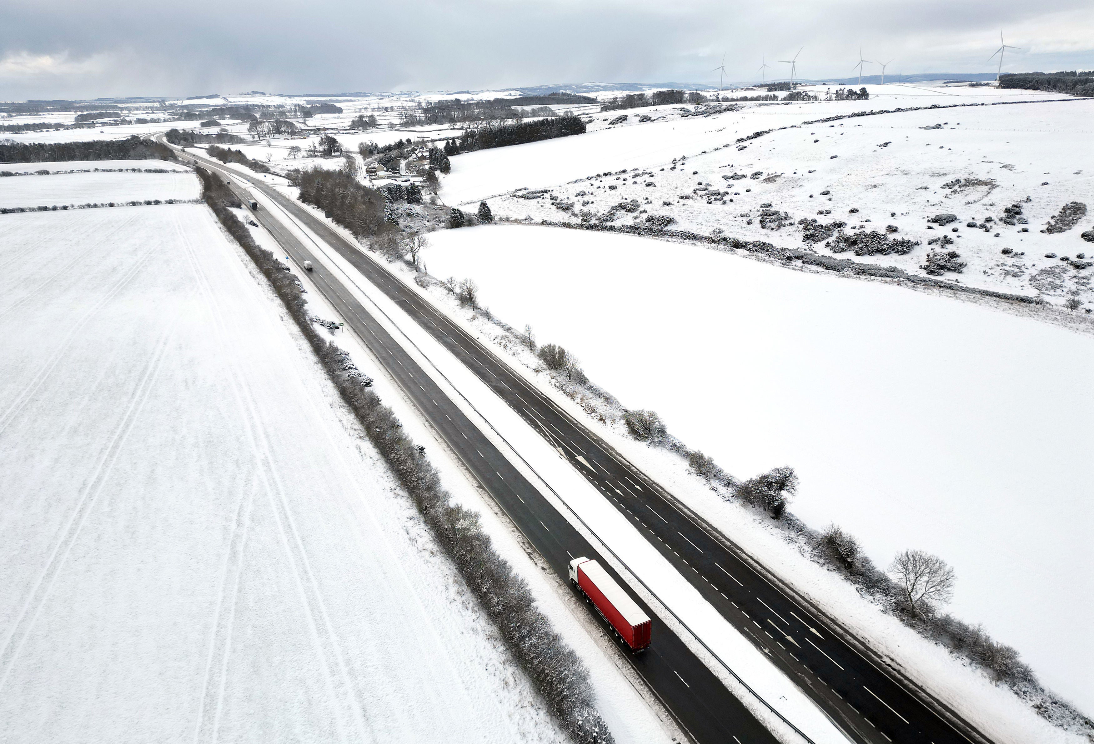 The A1 in Northumberland has been hit by snow - and now blizzards could be on the way