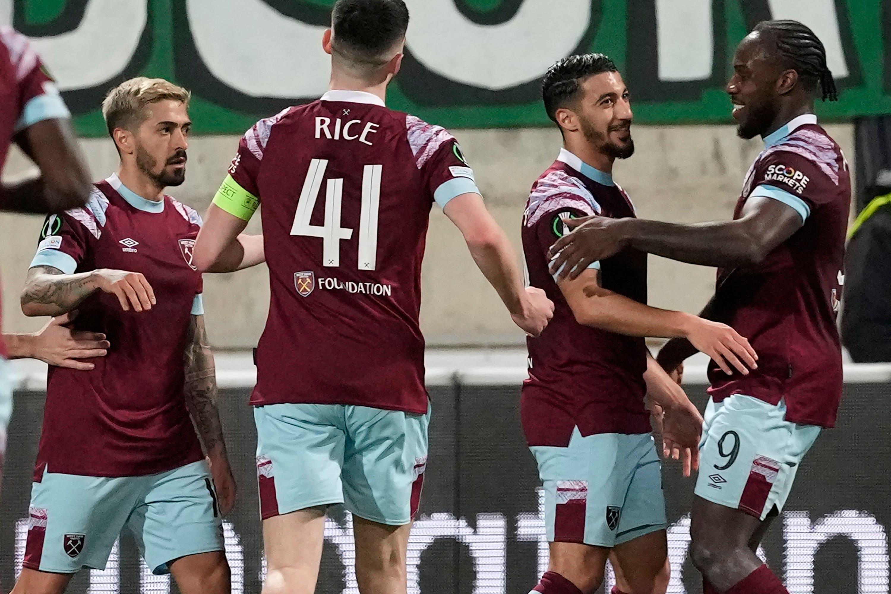 Michail Antonio (right) celebrates scoring in Cyprus (Petros Karadjias/AP).