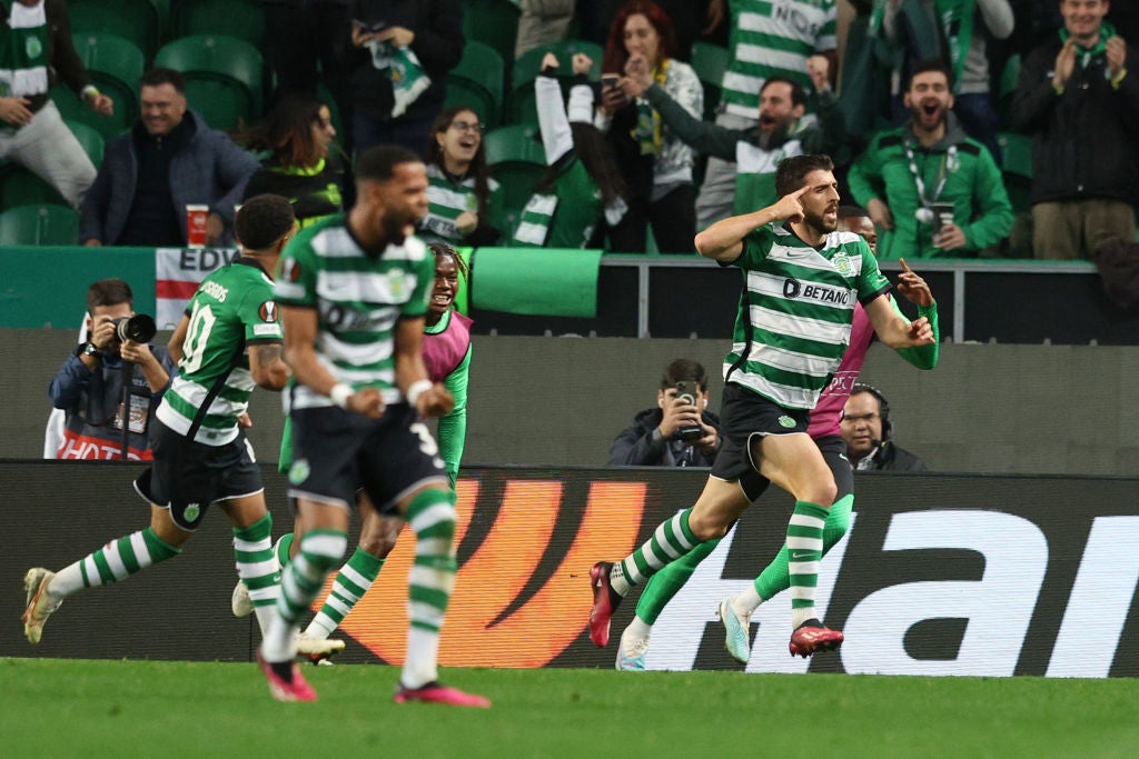 Goncalo Inacio celebrates Sporting’s equaliser