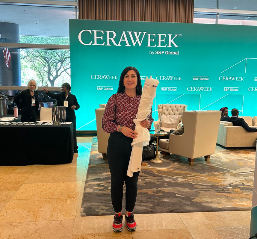 Svitlana Romanko at the entrance to CERAWeek in Houston