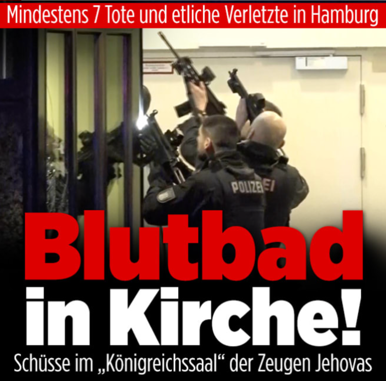 A German news headline reading ‘Bloodbath in Church!’ about a shooting on 9 March in the city of Hamburg