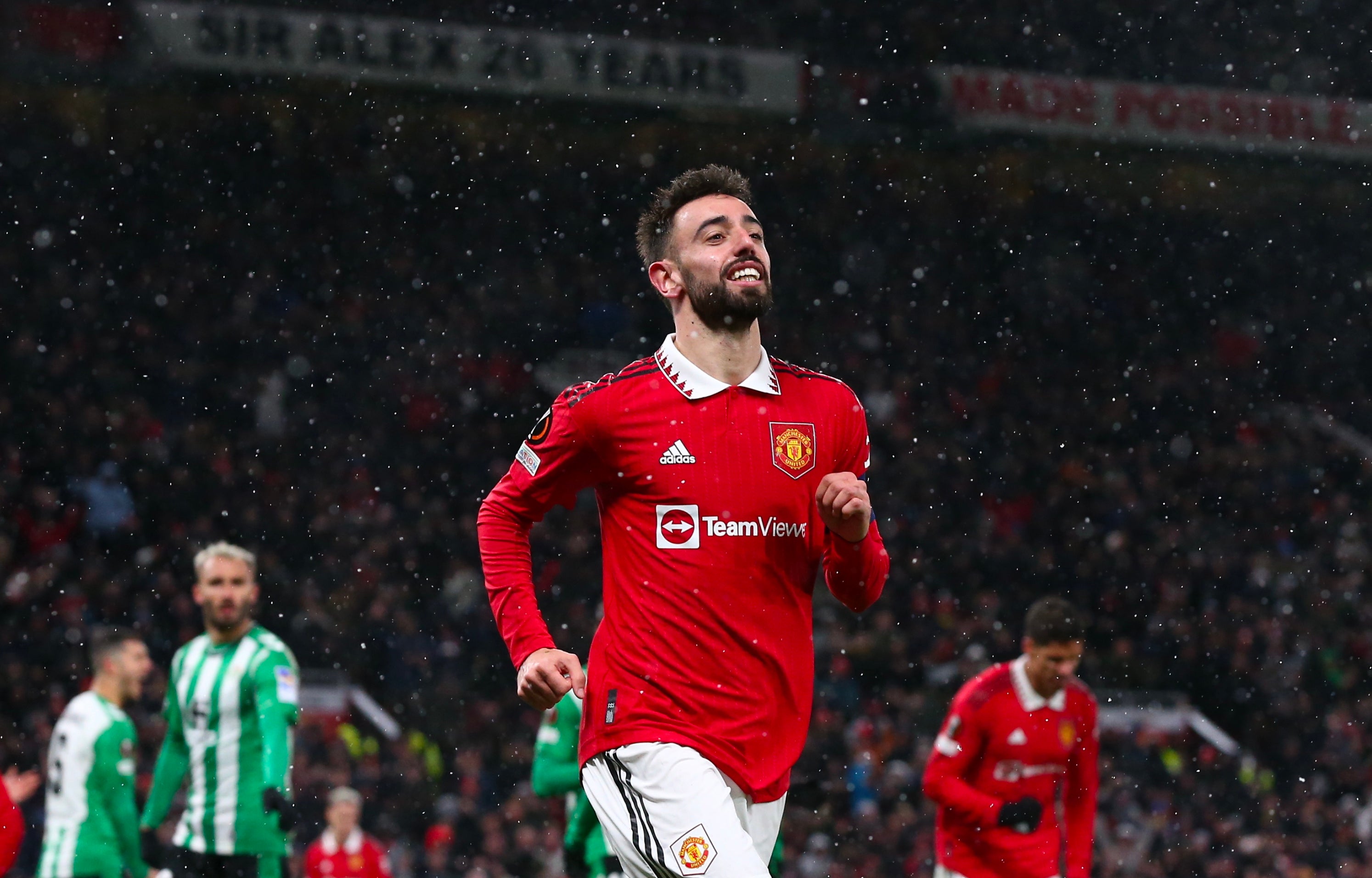 Bruno Fernandes celebrates scoring Manchester United’s third goal