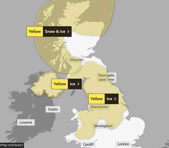 Map showing Met Office weather warnings