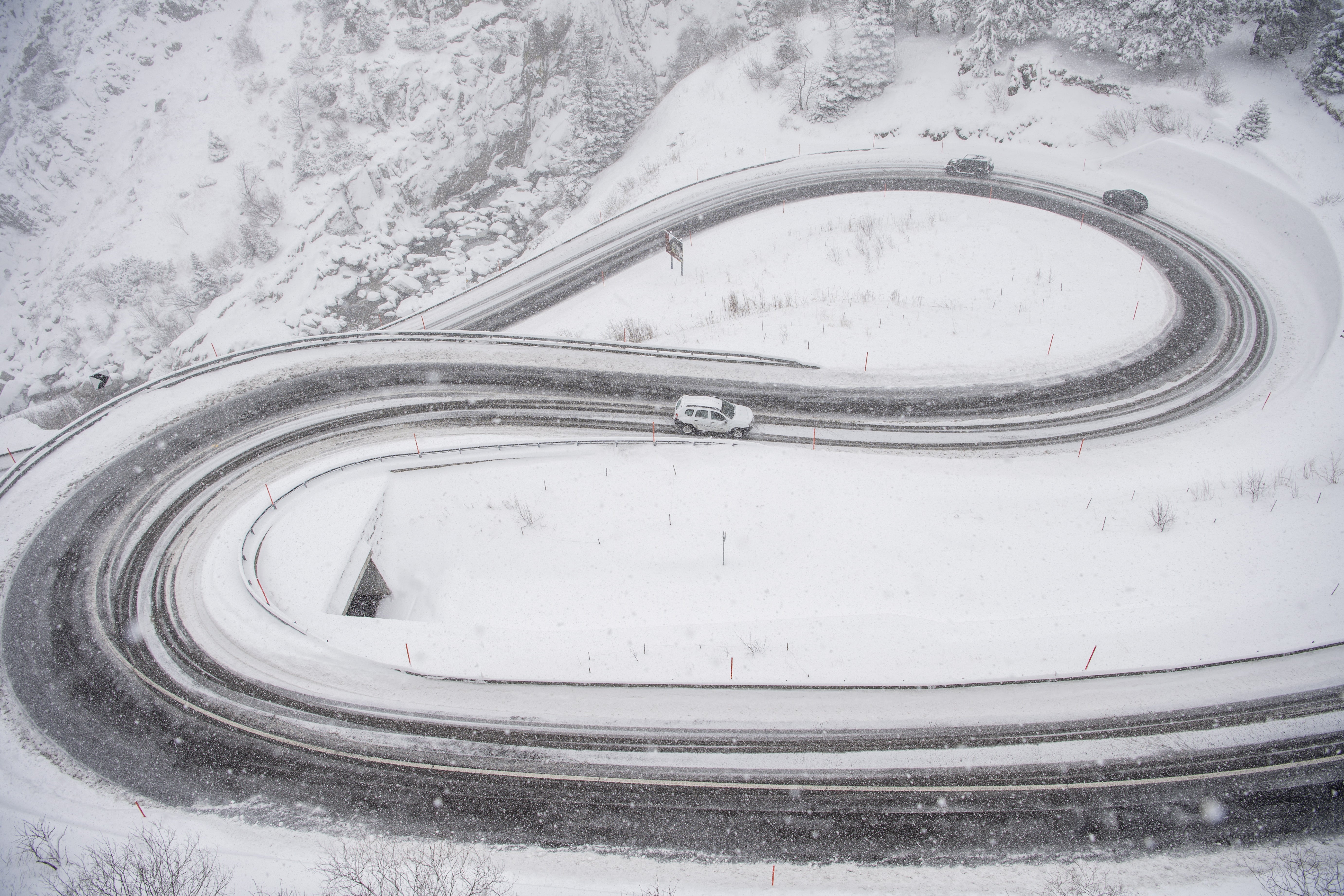 The Schoellenen road between Goeschenen and Andermatt covered in snow, Switzerland