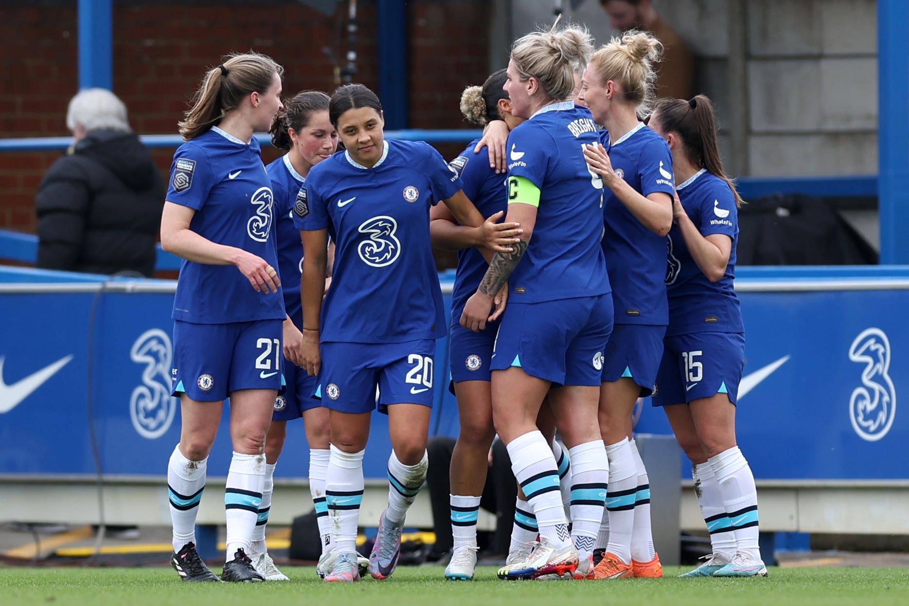 Sam Kerr, centre, scored at Kingsmeadow (Steven Paston/PA)