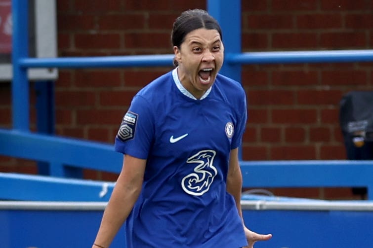 Sam Kerr celebrates scoring her goal against Manchester United (Steven Paston/PA)