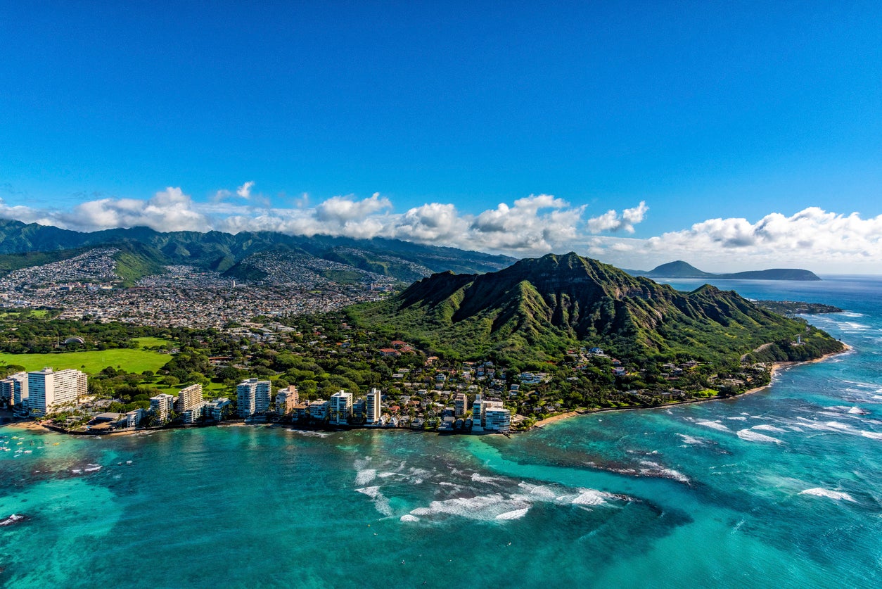 Diamond Head volcanic crater towering over the suburbs of Honolulu