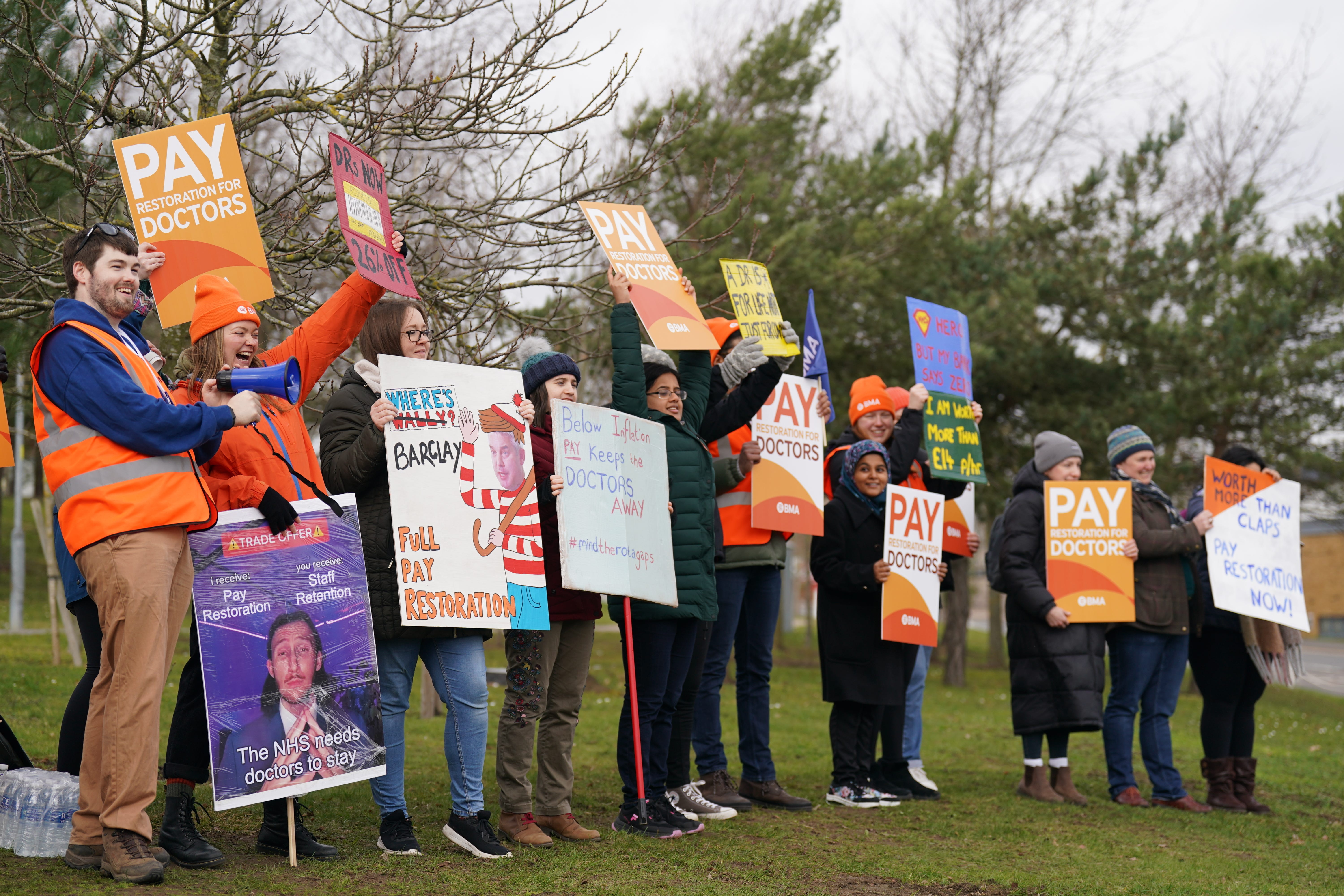 Striking NHS junior doctors on the picket line outside Norfolk & Norwich University Hospital in Norwich (Joe Giddens/PA)