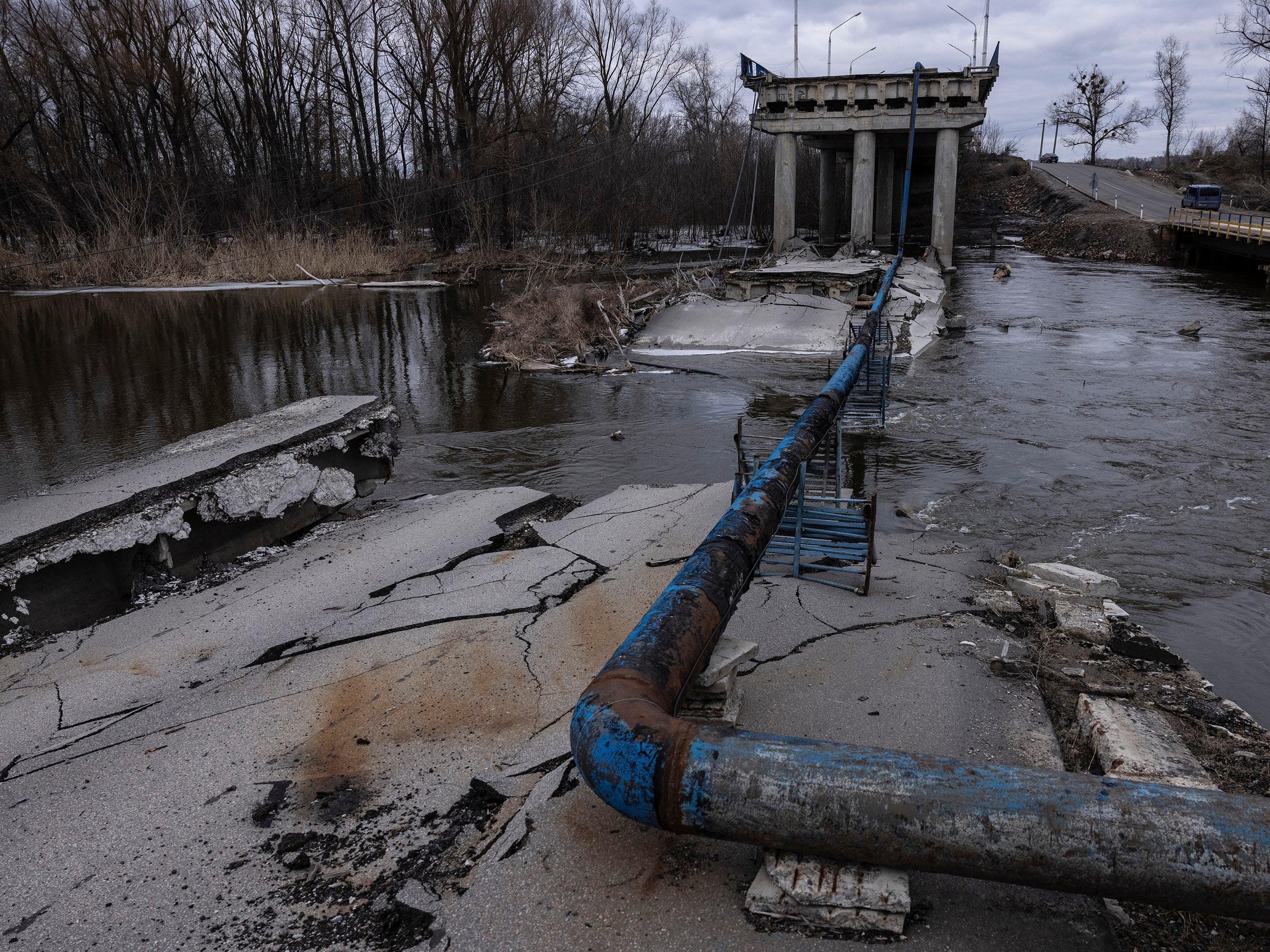 When this bridge in Izyum was destroyed, a natural gas pipeline fell with it