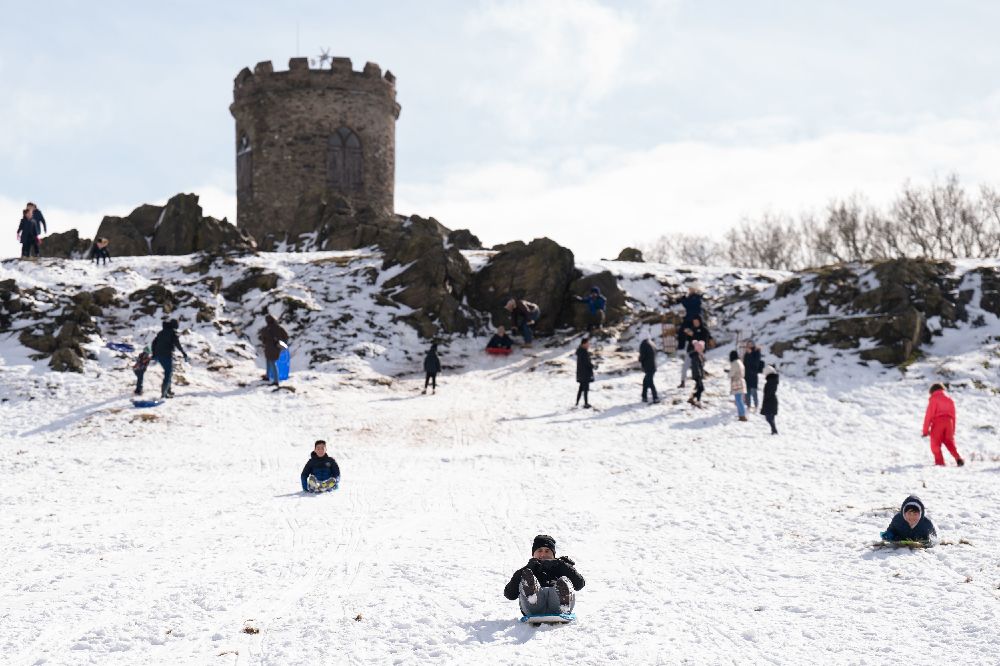 People sledged in the snow at Bradgate Park in Leicestershire on Friday