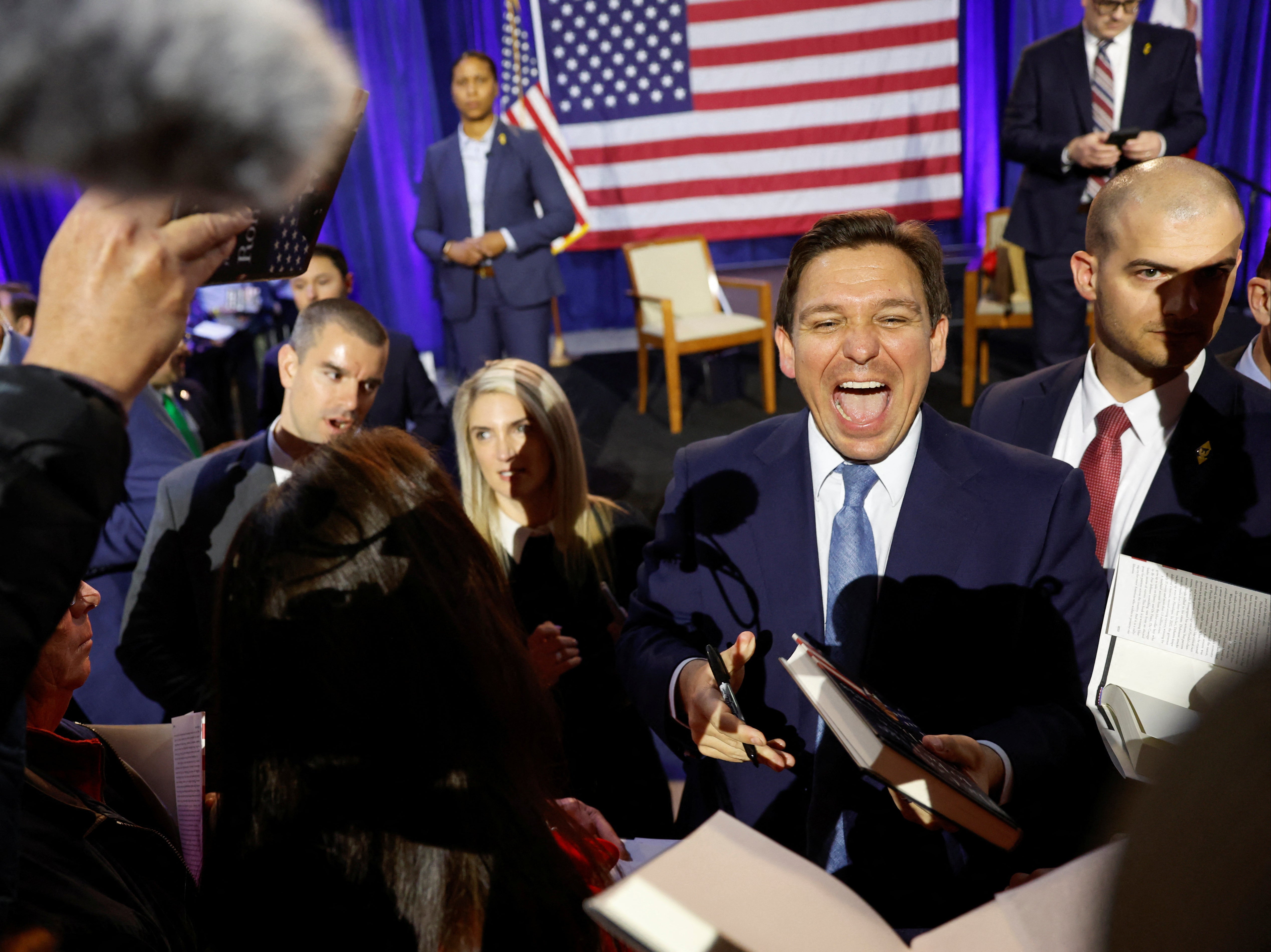 lorida Governor Ron DeSantis greets attendees and signs books after his remarks as he makes his first trip to the early voting state of Iowa for a book tour stop at the Iowa State Fairgrounds in Des Moines, Iowa, U.S. March 10, 2023