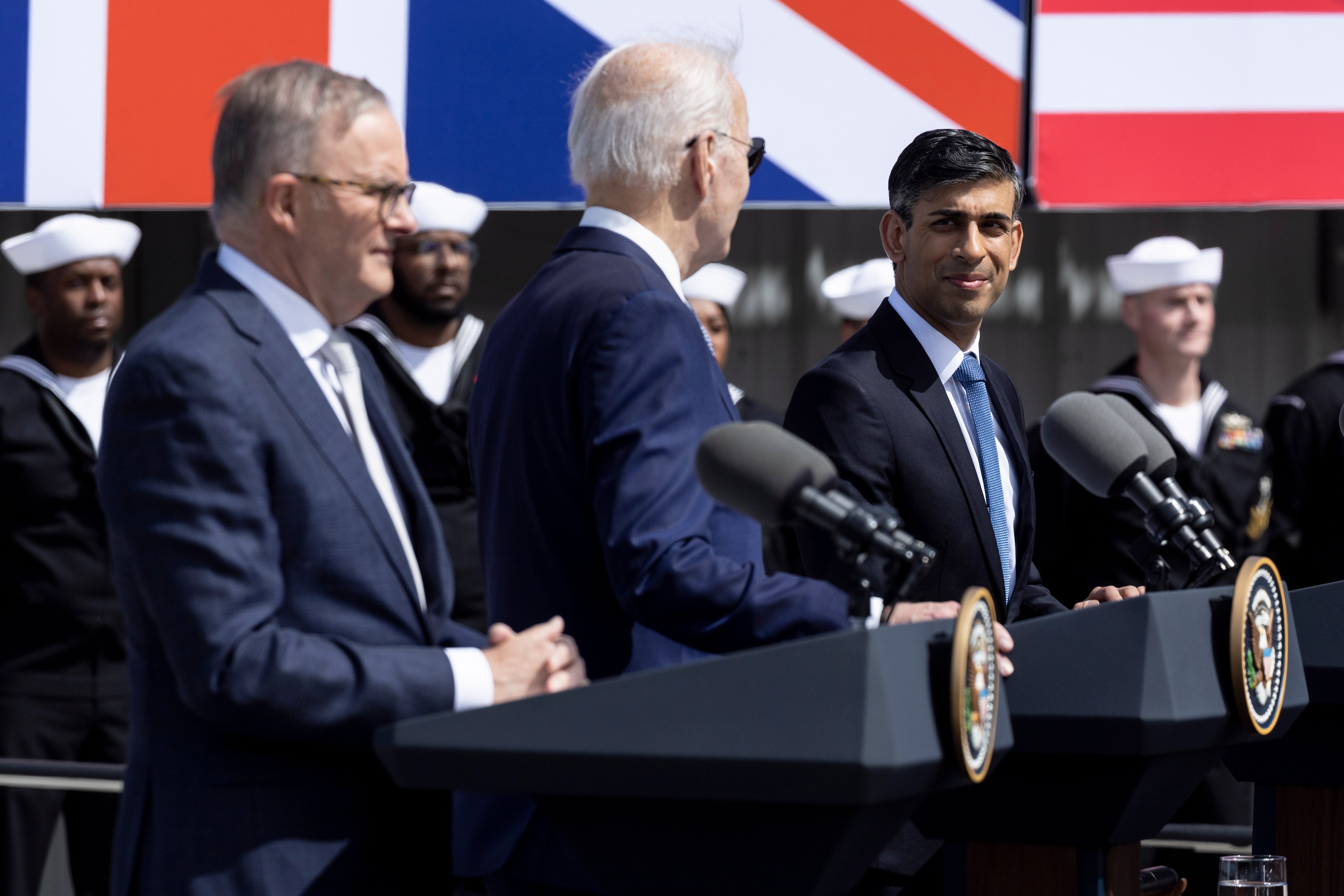 Anthony Albanese, Joe Biden and Rishi Sunak hold a press conference at the Naval Base Point Miramar in San Diego, California, March 2023
