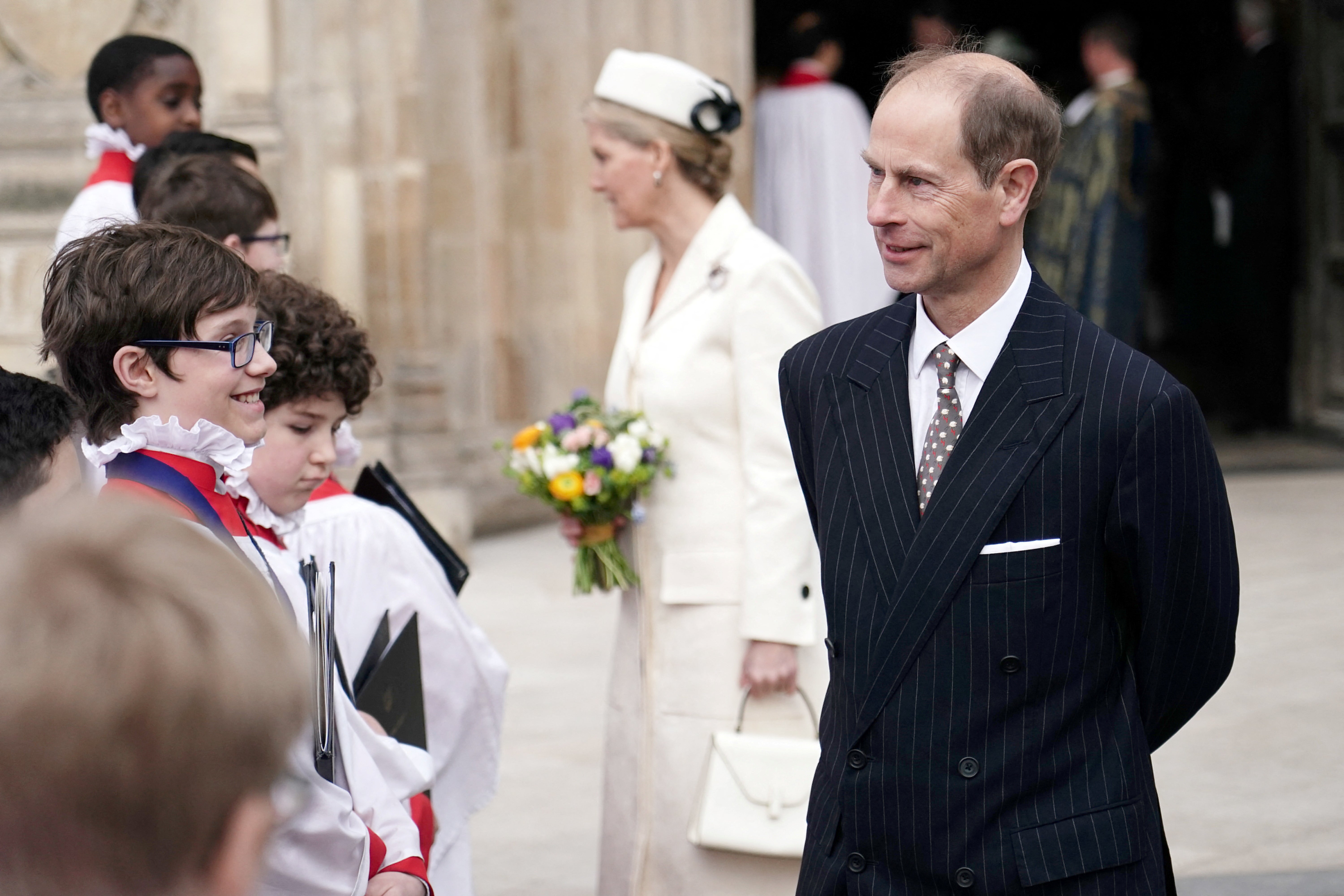 Prince Edward, Duke of Edinburgh, and Sophie, Duchess of Edinburgh, meet with choristers following the annual Commonwealth Day Service at Westminster Abbey