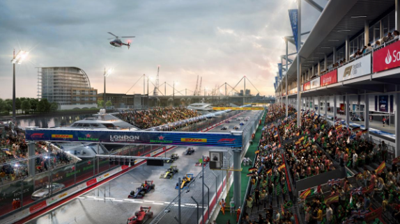 A rendering of the main straight for the proposed London Grand Prix