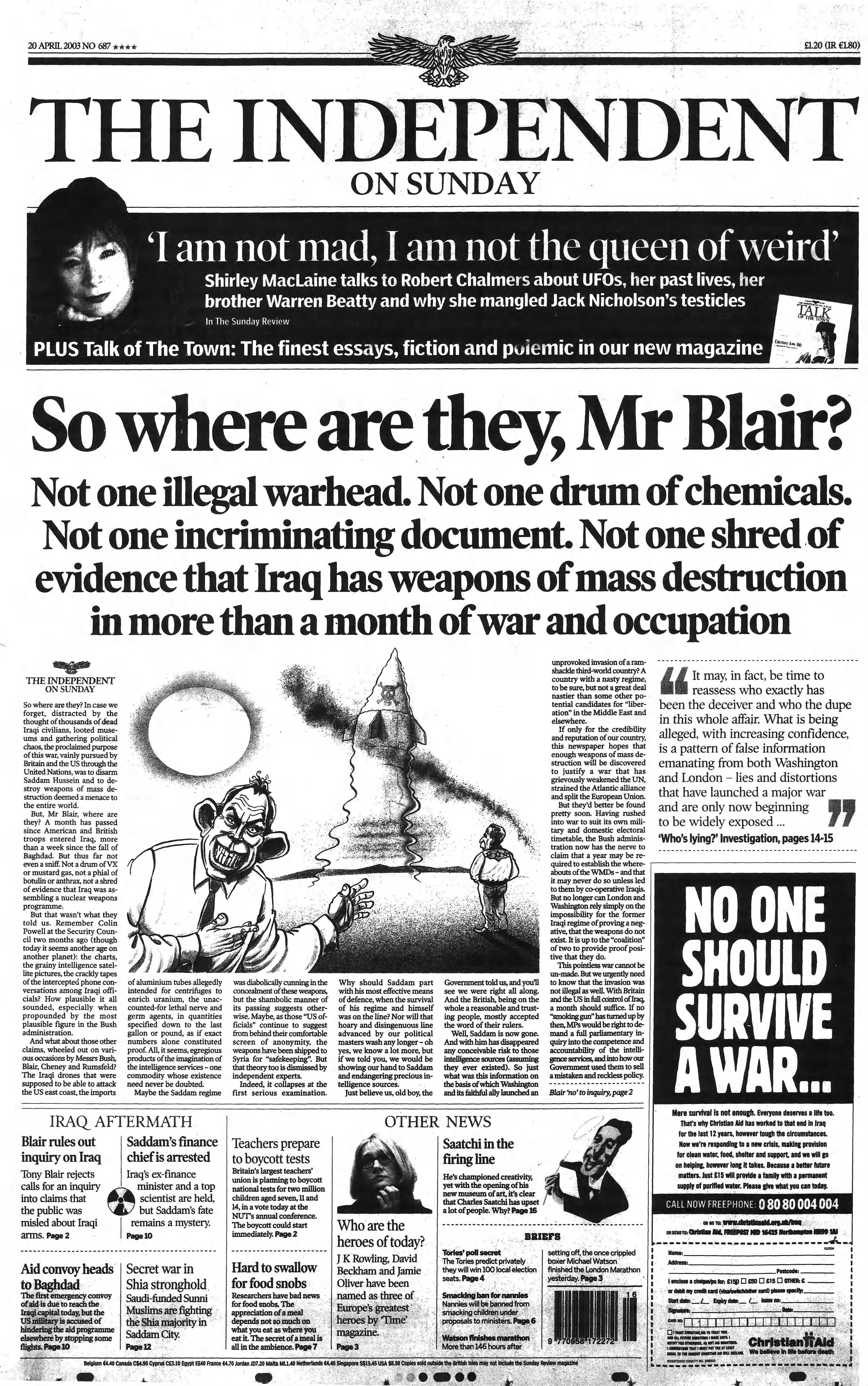 The front page of the Independent on Sunday – 20 April 2003