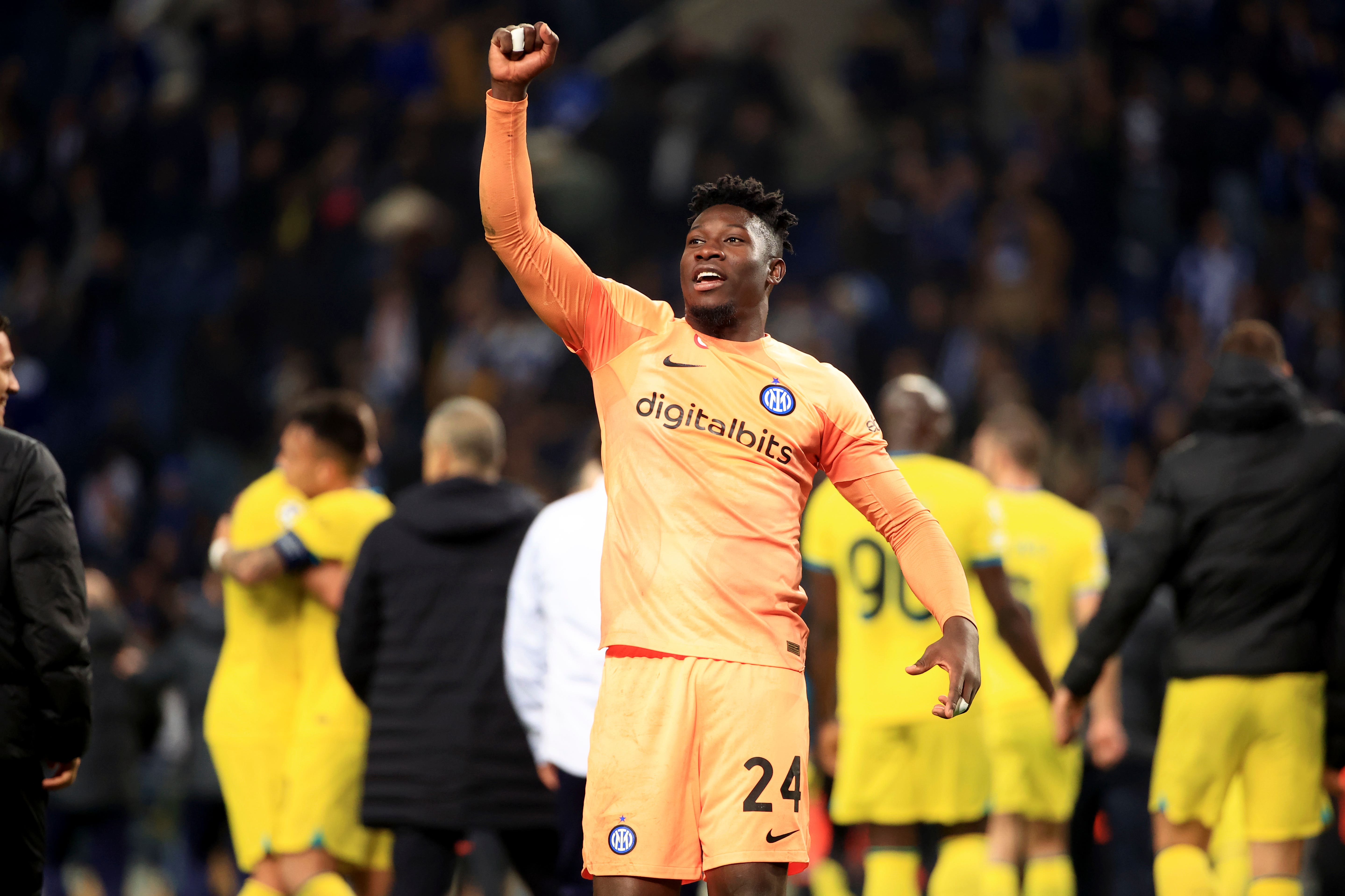 Inter Milan goalkeeper Andre Onana celebrates at the final whistle (Luis Vieira/AP)