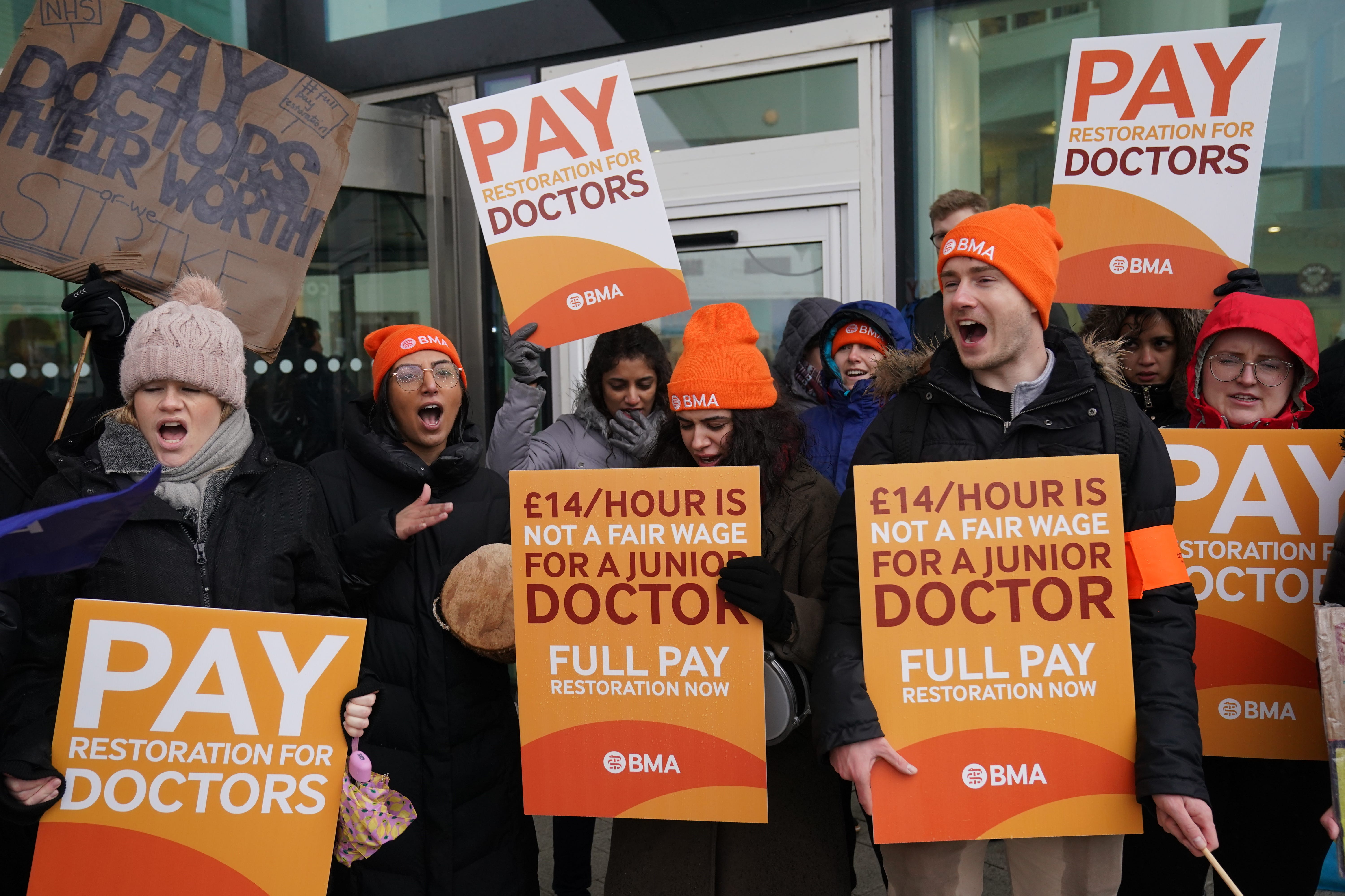 Striking NHS junior doctors on the picket line outside Queen Elizabeth hospital in Birmingham (Jacob King/PA)