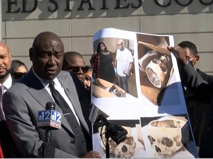 Carter family lawyer Benjamin Crump speaking with media after releasing results of an independent autopsy into Rasheem Carter’s murder