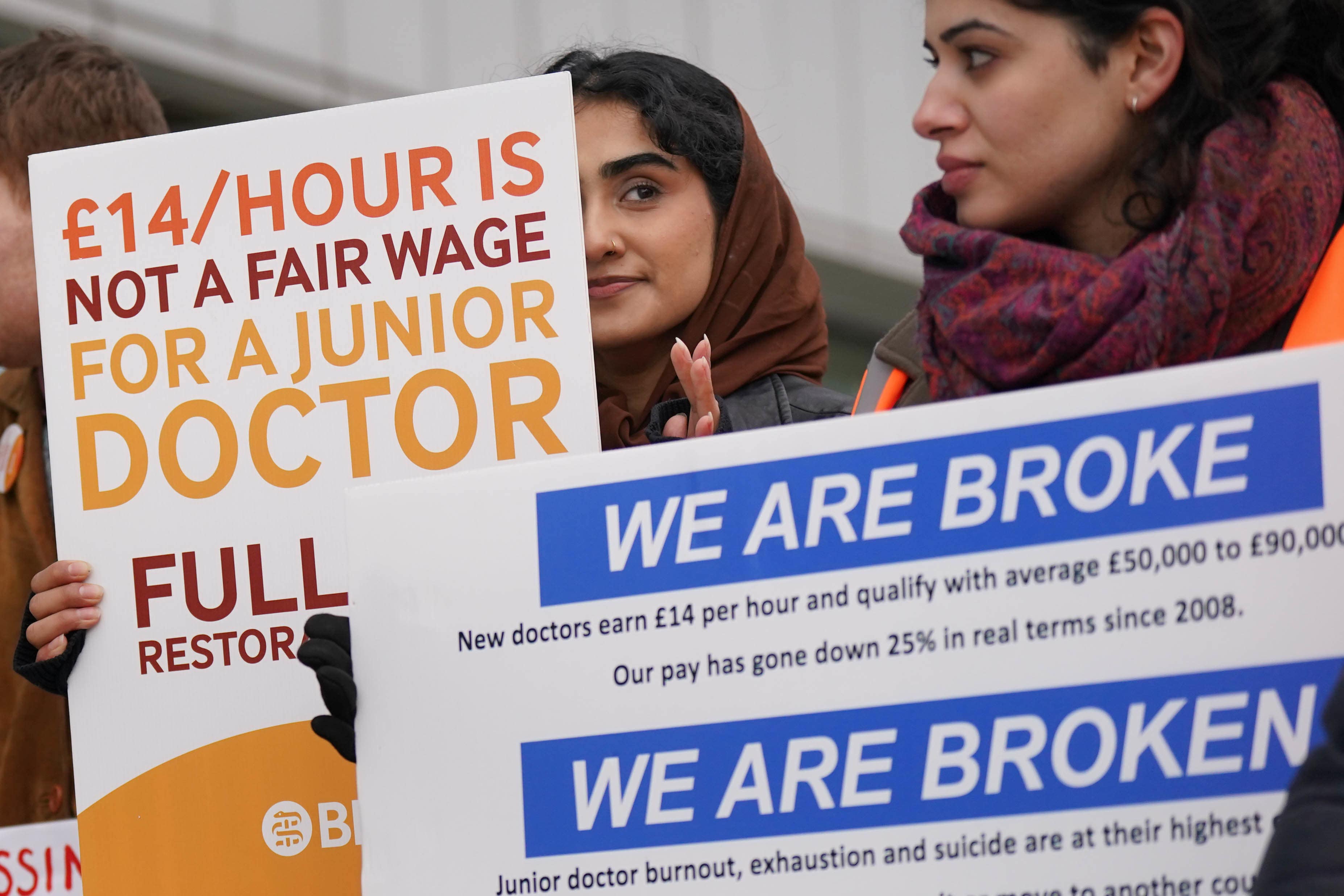 Striking NHS junior doctors on the picket line outside Queen Elizabeth hospital in Birmingham (Jacob King/PA)