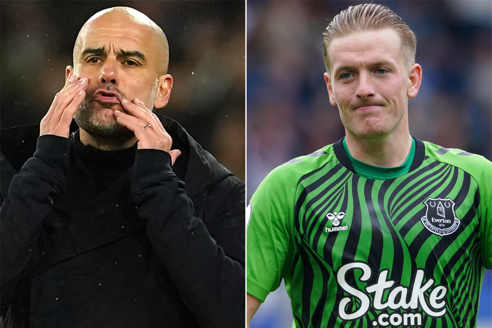 Pep Guardiola and Jordan Pickford (Martin Rickett/Peter Byrne/PA)