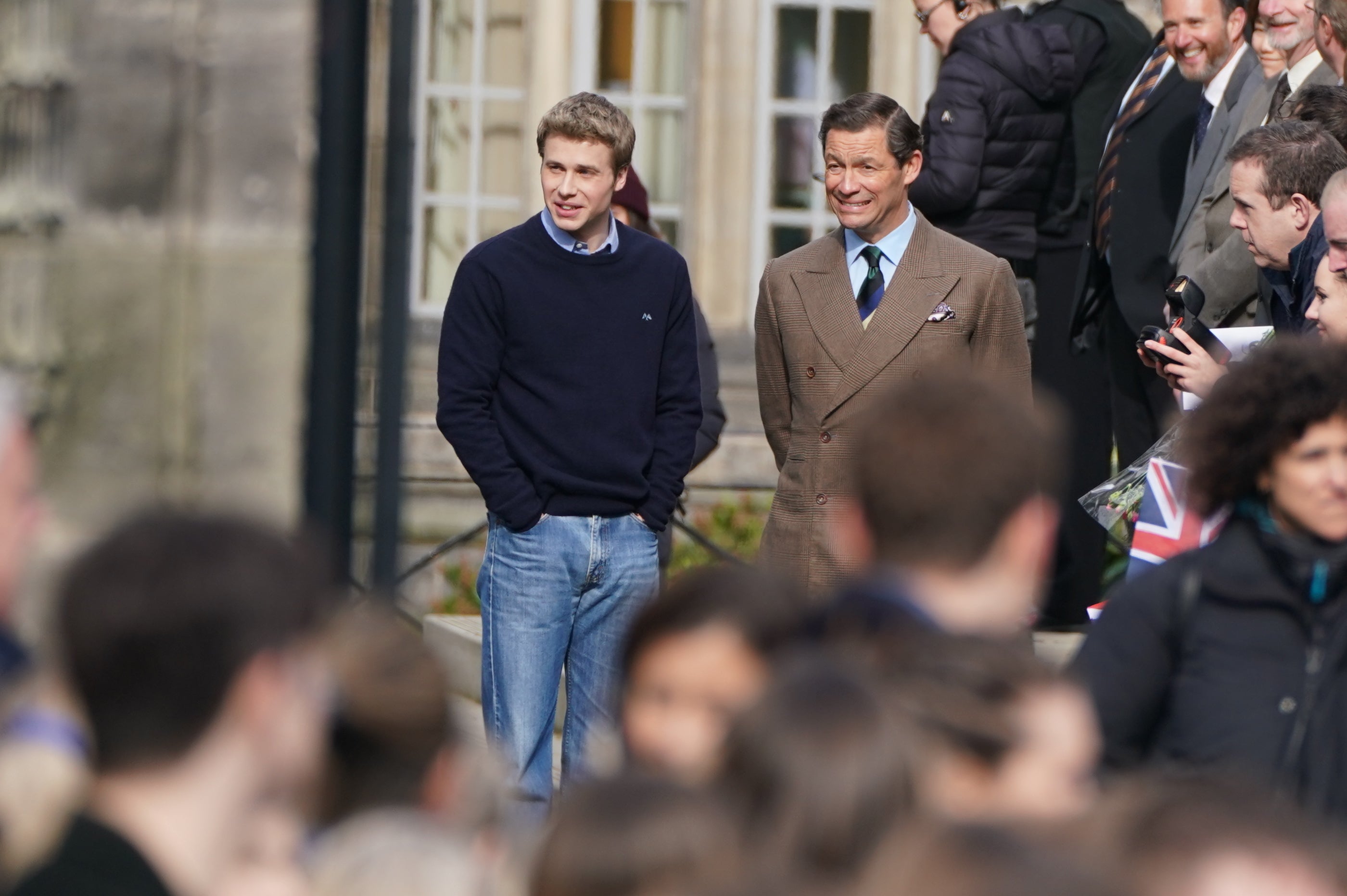 Ed McVey (left) and Dominic West on set of ‘The Crown'