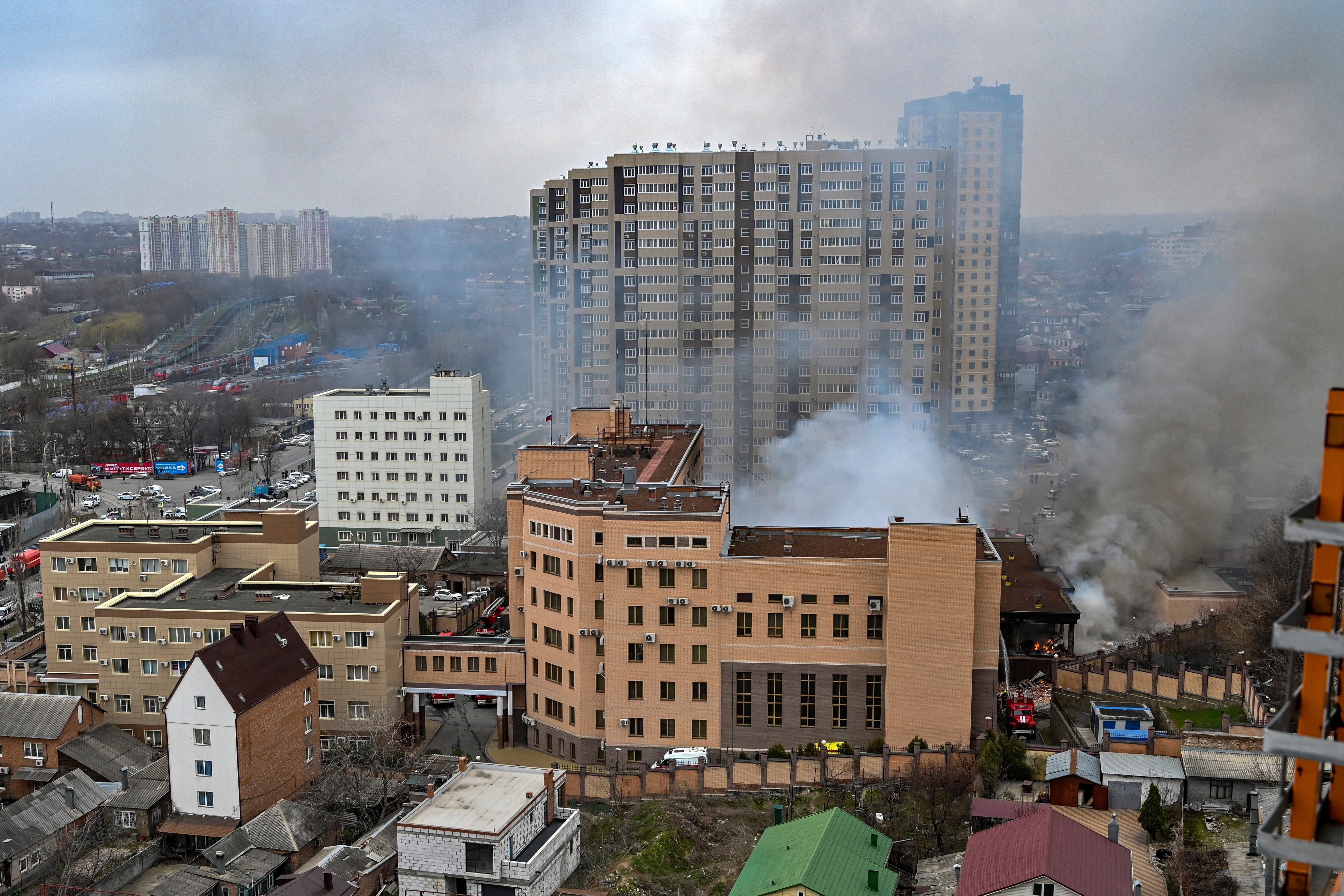 Smoke rises from a Russian Federal Security Service building in Rostov-on-Don, Russia