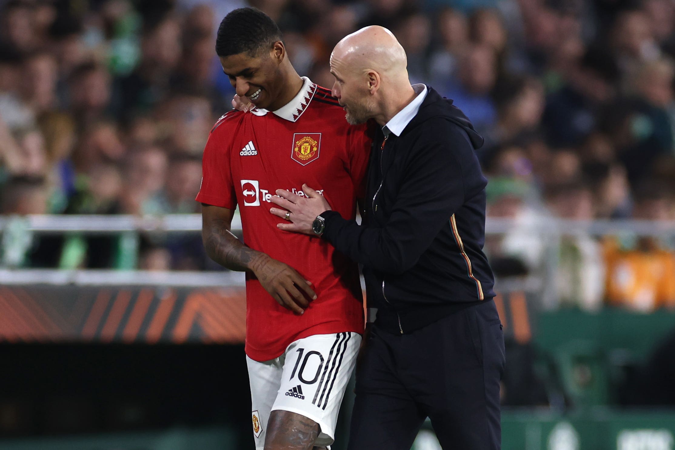 Marcus Rashford (left) was praised by Manchester United manager Erik ten Hag (Isabel Infantes/PA)