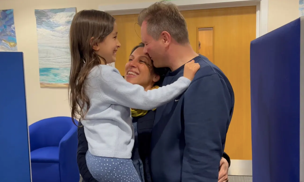 Nazanin-Zaghari Ratcliffe with her daughter Gabriella and husband Richard after being freed from prison