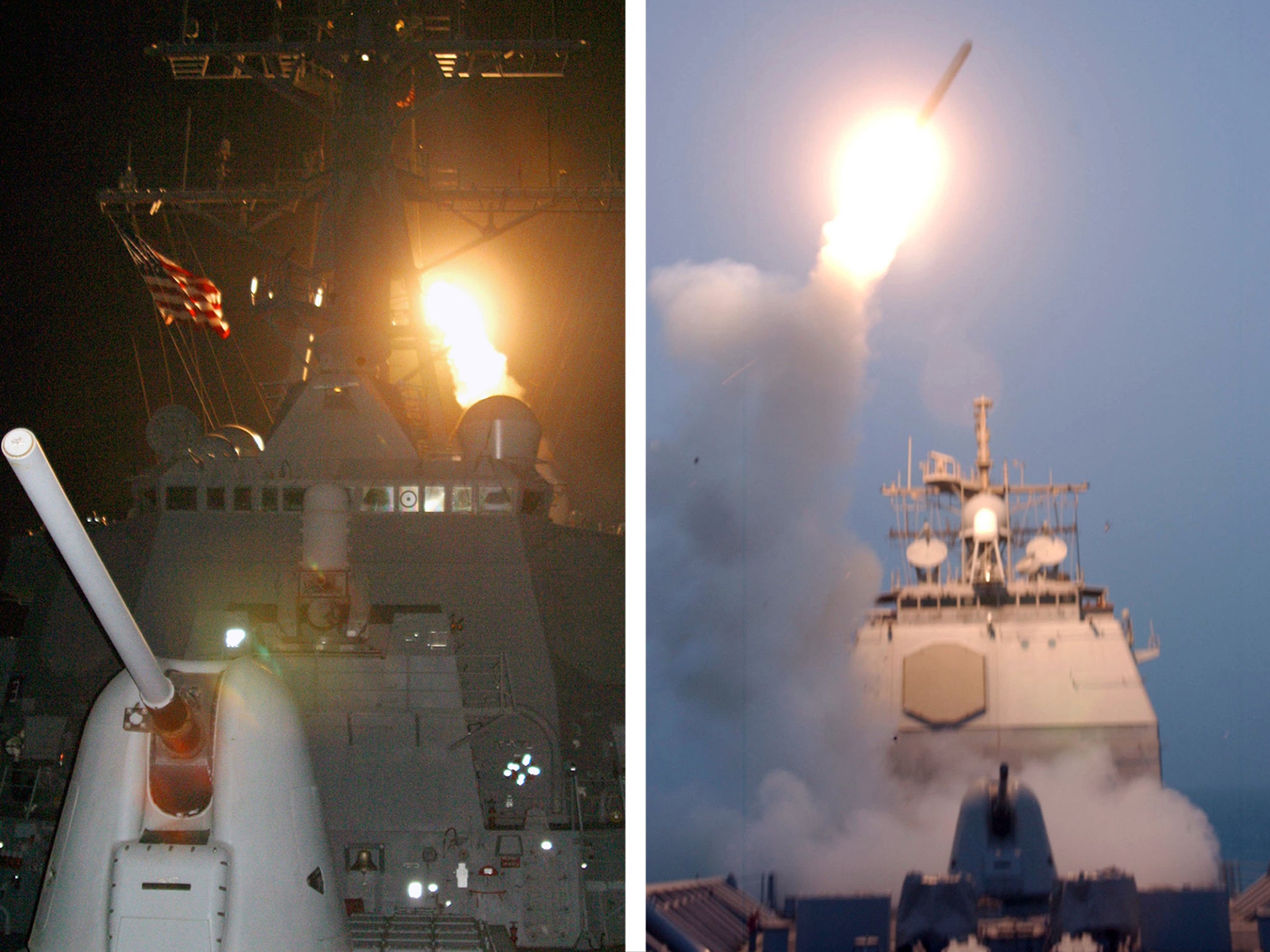 The first US missile launches towards Iraq in the Red Sea aboard the USS Donald Cook (left) and the USS Bunker Hill