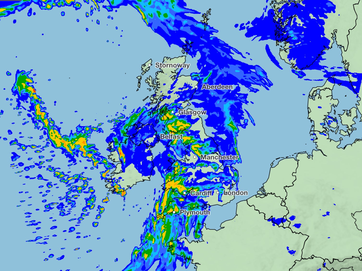 Weather map showing areas of rainfall on Wednesday