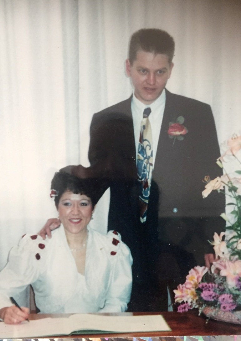 Jayne and David Huddleston on their wedding day