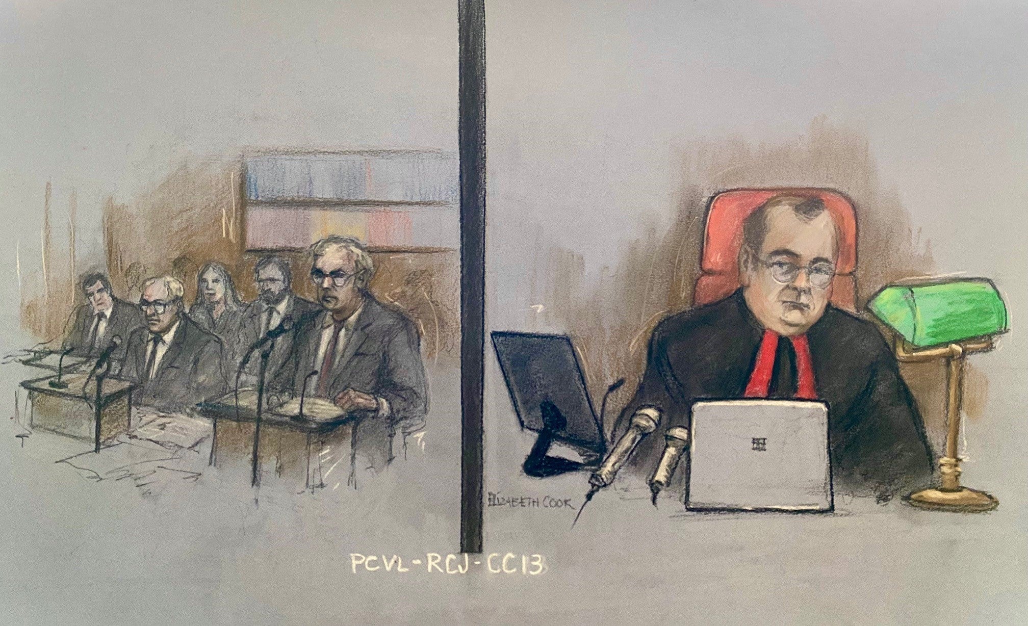 Court artist sketch of a split screen video link at the Royal Courts of Justice in London, showing Judge Nicklin, right, and counsel