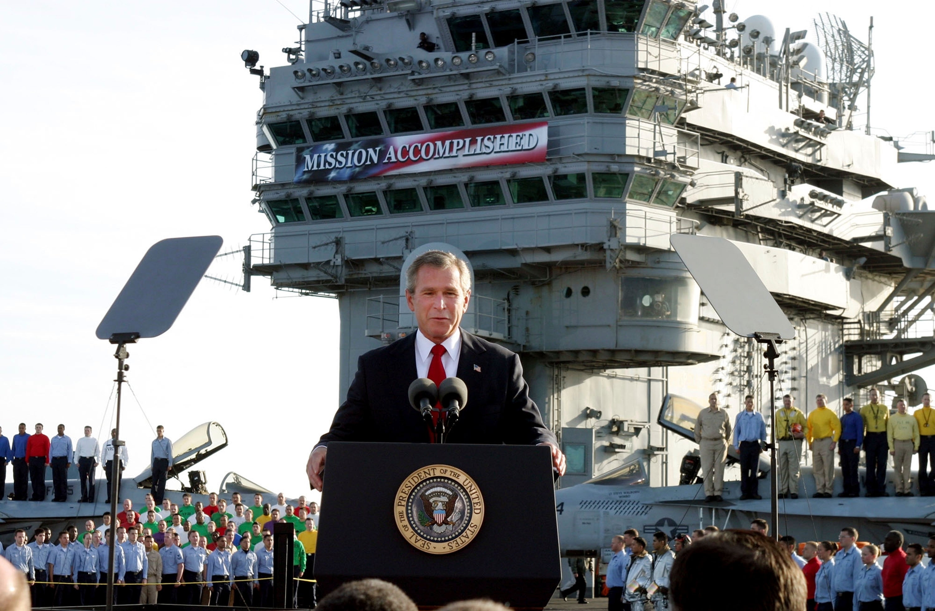 George Bush makes his ‘mission accomplished’ speech from the deck of the the aircraft carrier USS Abraham Lincoln