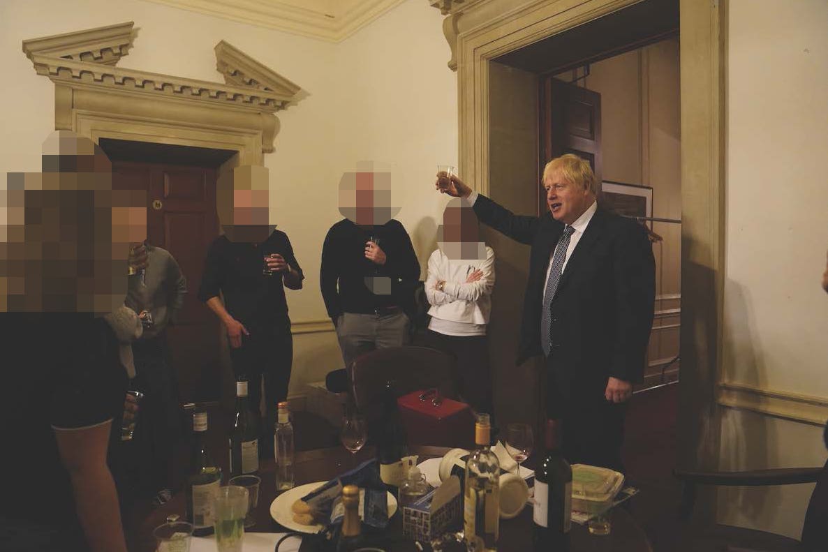 Boris Johnson at a leaving gathering in the press office at No 10