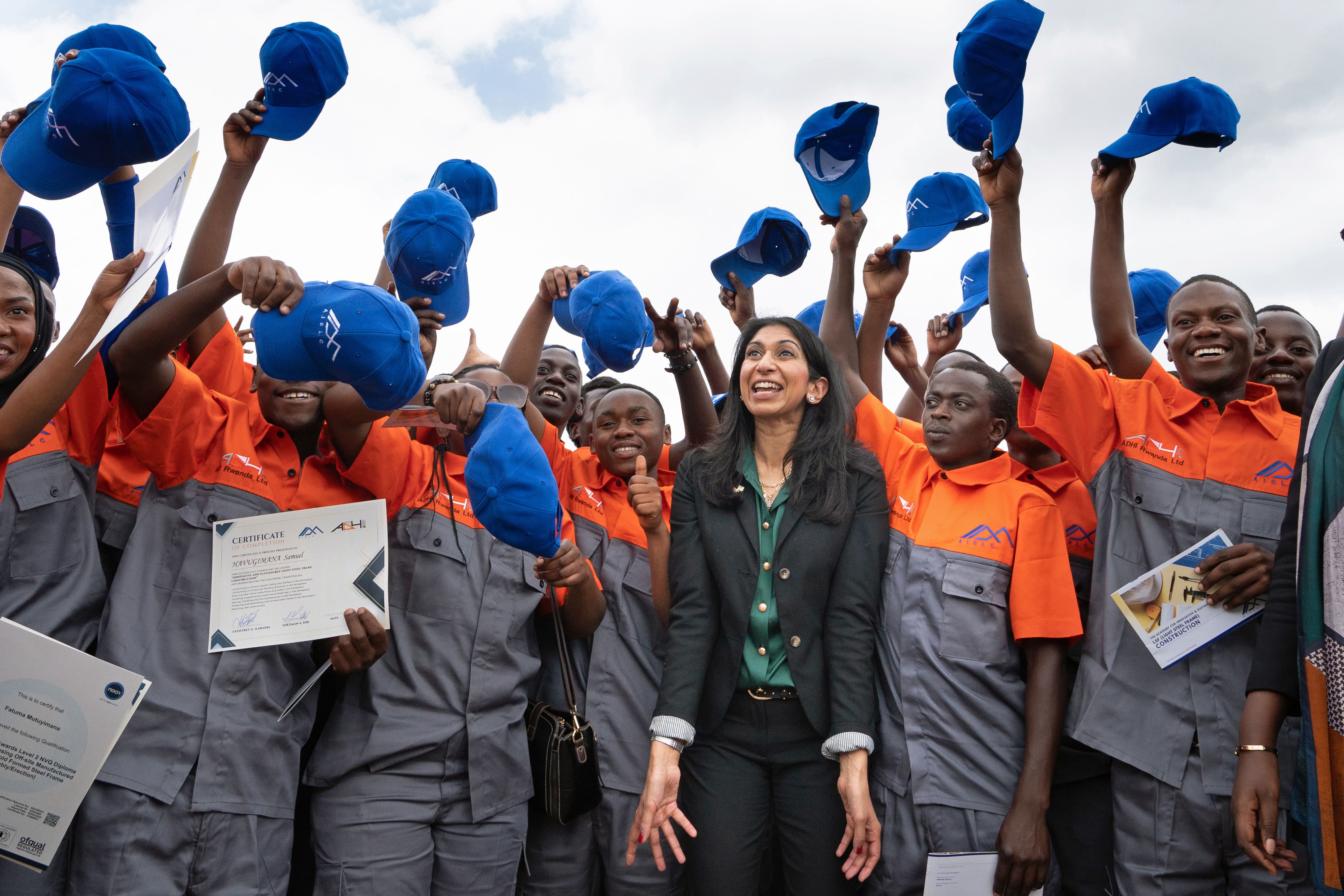 Home Secretary Suella Braverman tours a new construction training academy in Kigali (Stefan Rousseau/PA)