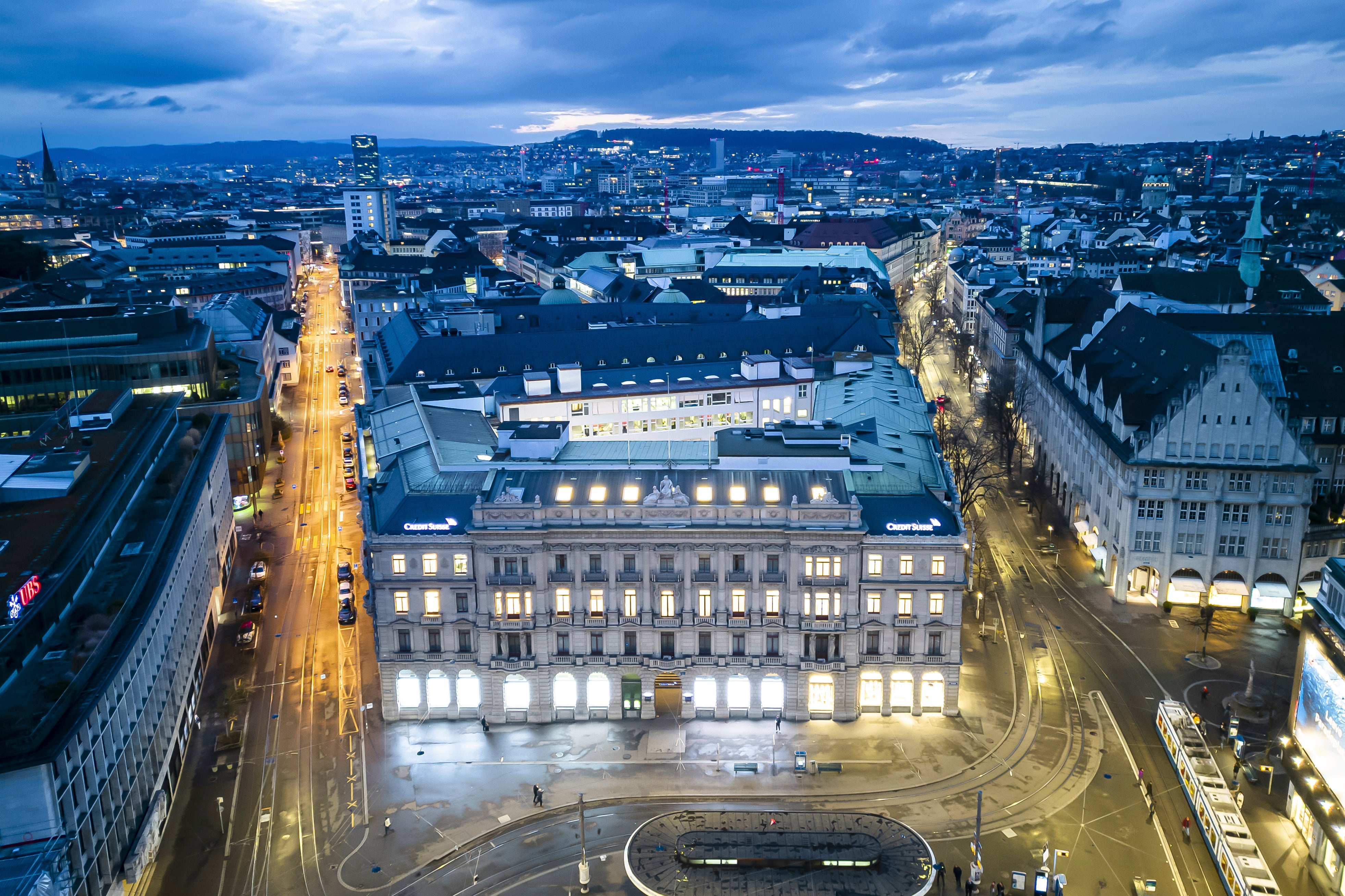 Headquarters of Credit Suisse, centre, and UBS,left, in Zurich