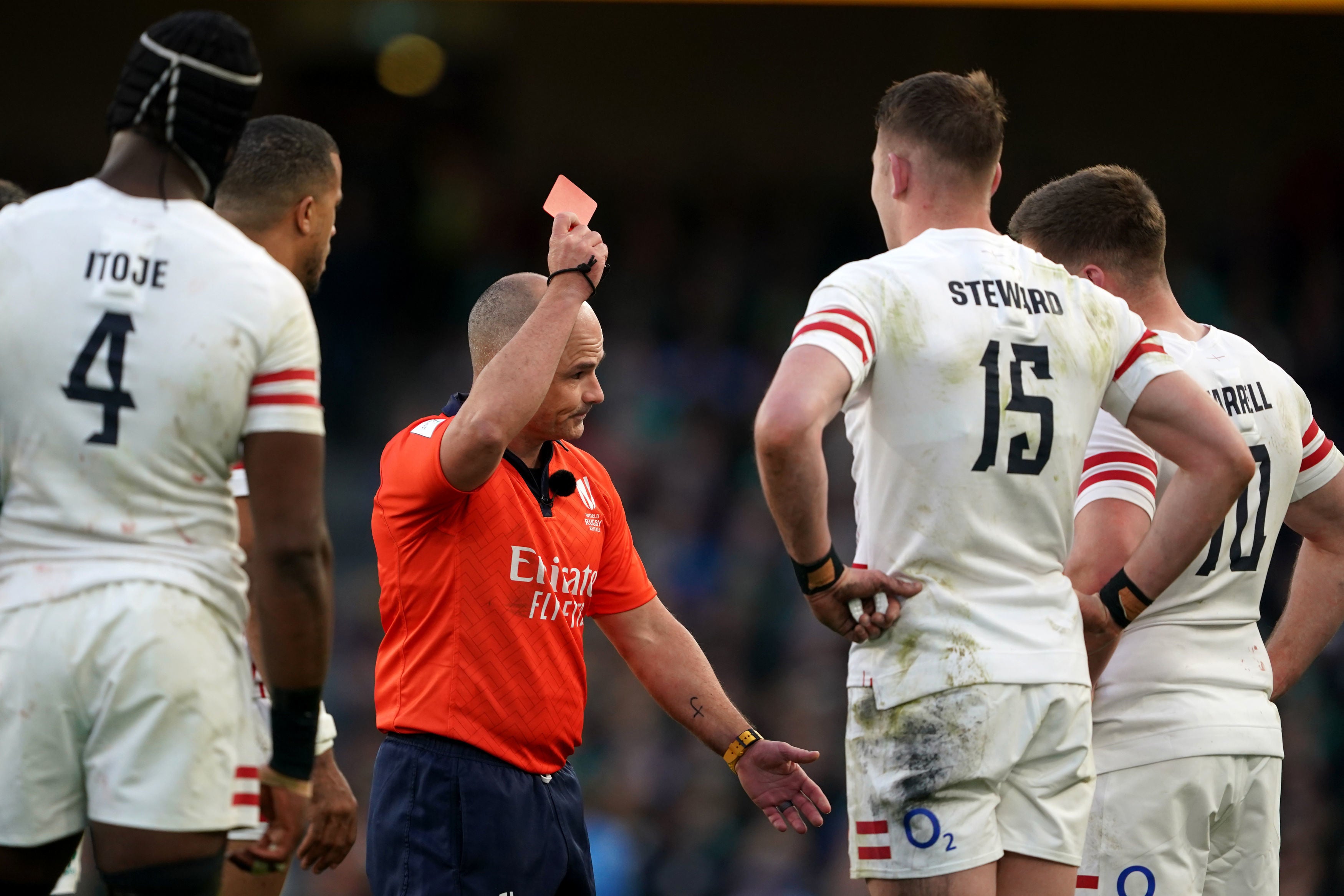 Freddie Steward was controversially sent off late in the first half of England’s defeat to Ireland