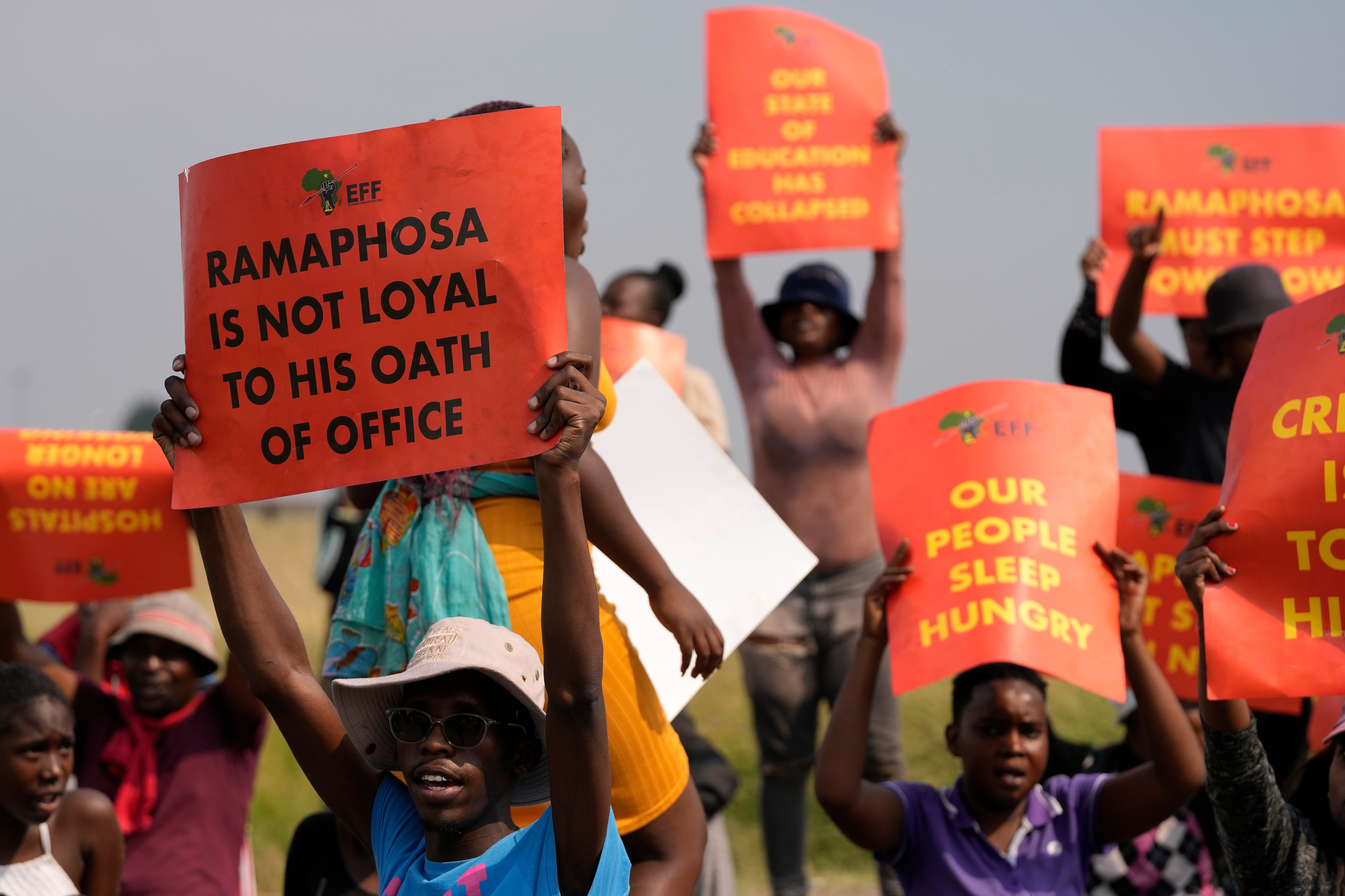 EFF members protest on the street in Tsakane township, east of Johannesburg, on Monday