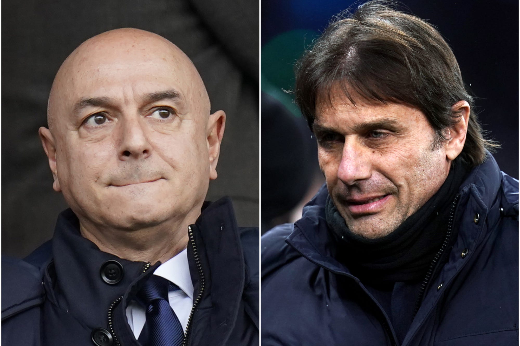 Antonio Conte, right, took aim at ‘Tottenham’s story’ under Daniel Levy’s ownership (Andrew Matthews/John Walton/PA)