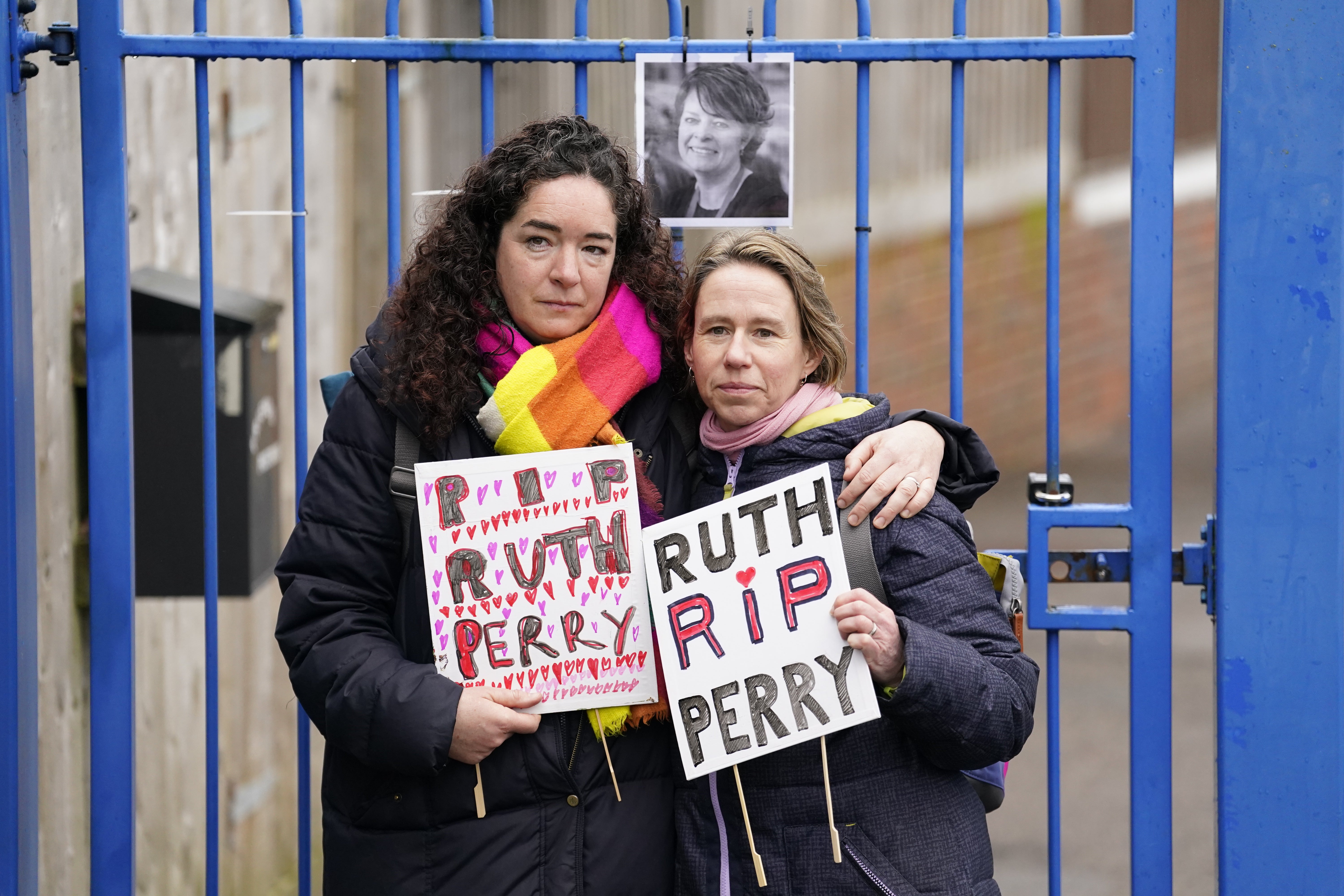 Ellen (left) and Liz (surnames not given) outside the gates to John Rankin Schools in Newbury, Berkshire