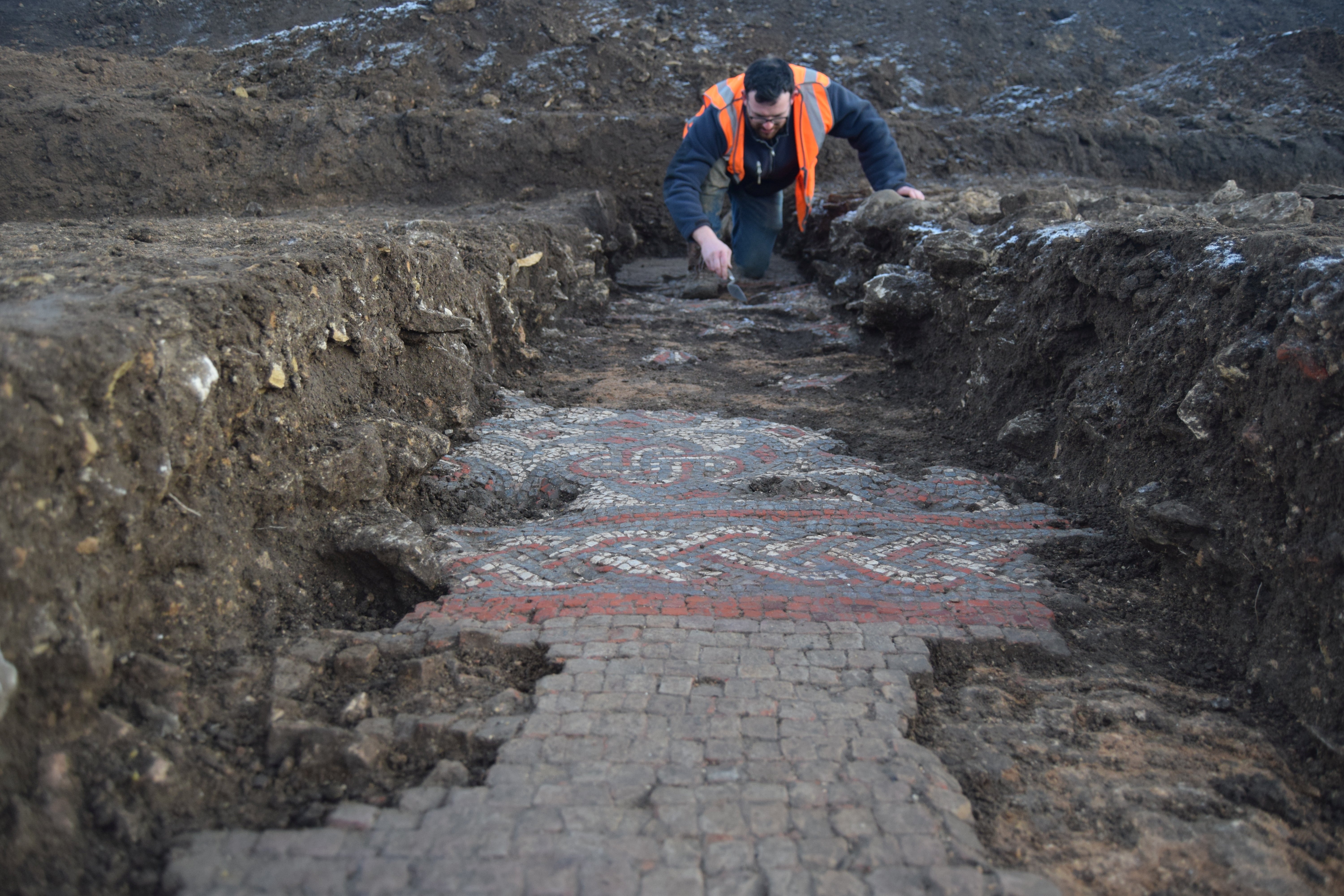 The team from Oxford Archeology uncovered the mosaic brickwork in Warrington Road, Buckinghamshire