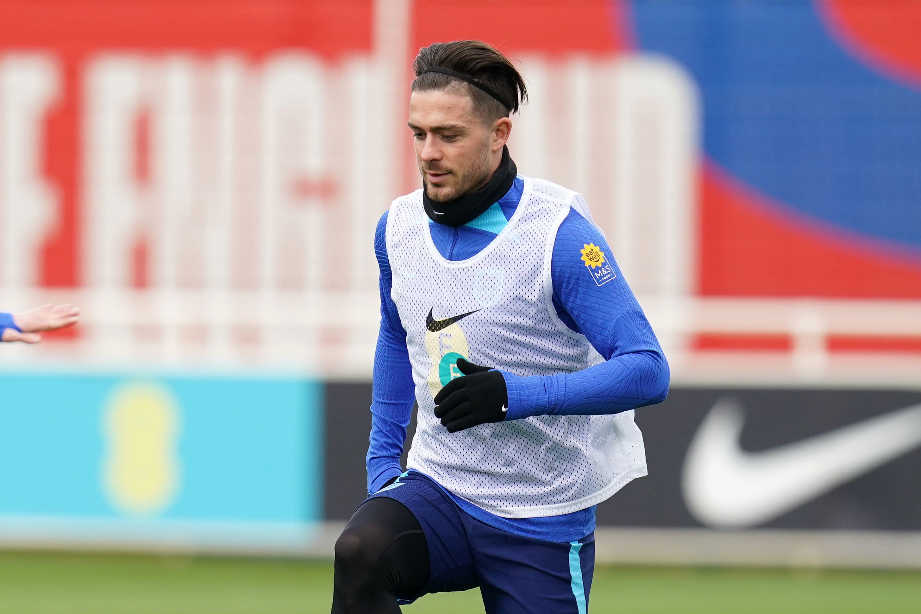 England’s Jack Grealish during a training session at St. George’s Park, Burton-on-Trent. Picture date: Tuesday March 21, 2023.