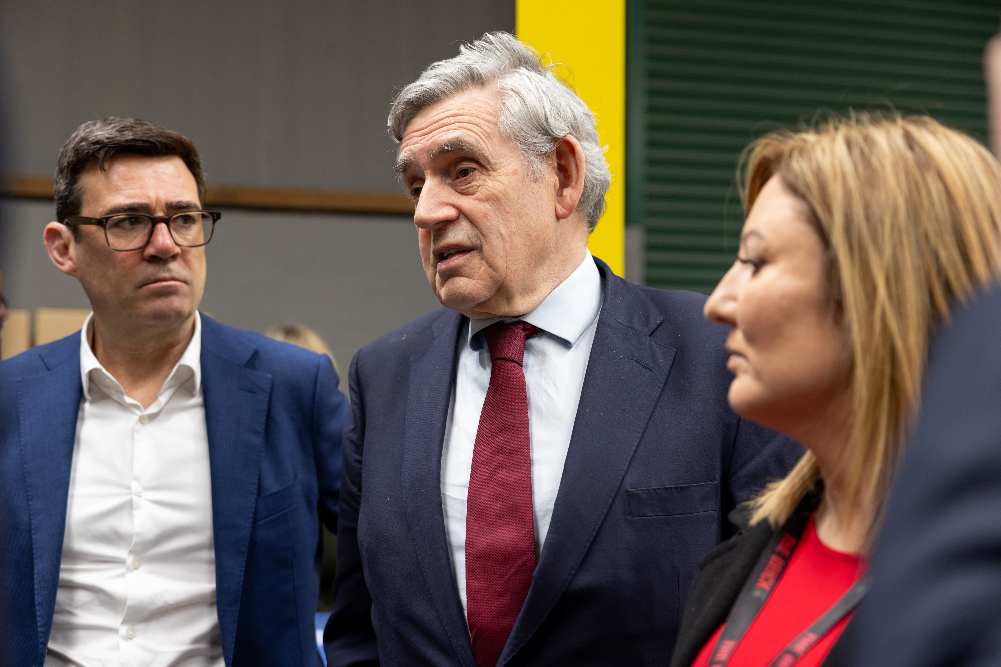 (Left to right) Greater Manchester Mayor Andy Burnham, former PM Gordon Brown and CEO of The Brick Charity Keeley Dalfen attend the launch of the project (James Speakman/PA)