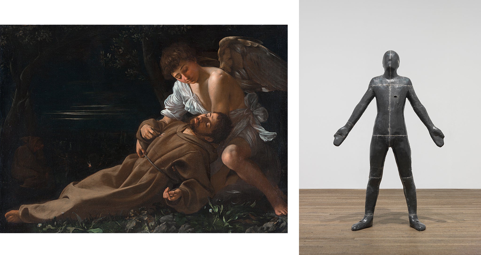 ‘Saint Francis of Assisi in Ecstasy’, 1571-1610 by Caravaggio, left, and ‘Untitled (for Francis)’, 1985 by Antony Gormley